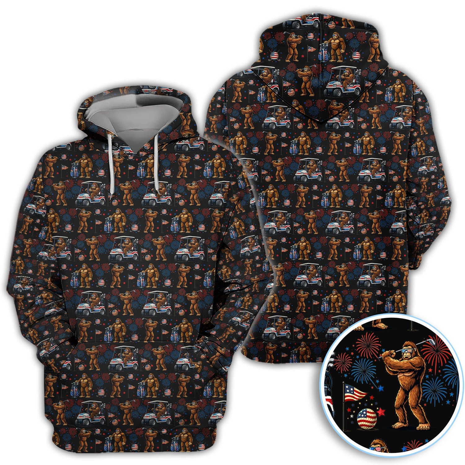 Funny Bigfoot Golf Polos For Golfer, Sasquatch Patriotic USA Pattern Golf Shirt, Golf Gift For Men