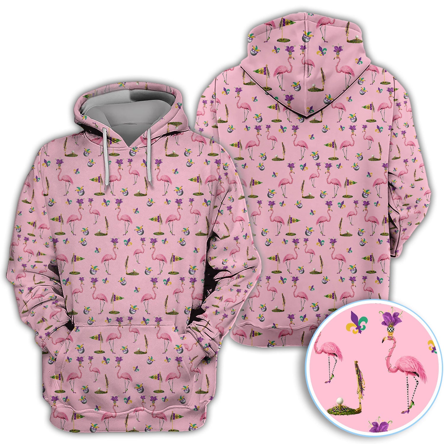 Flamingo Mardi Gras Golf Polos For Golfer, Funny Holiday Pattern Golf Shirt, Golf Gift For Men