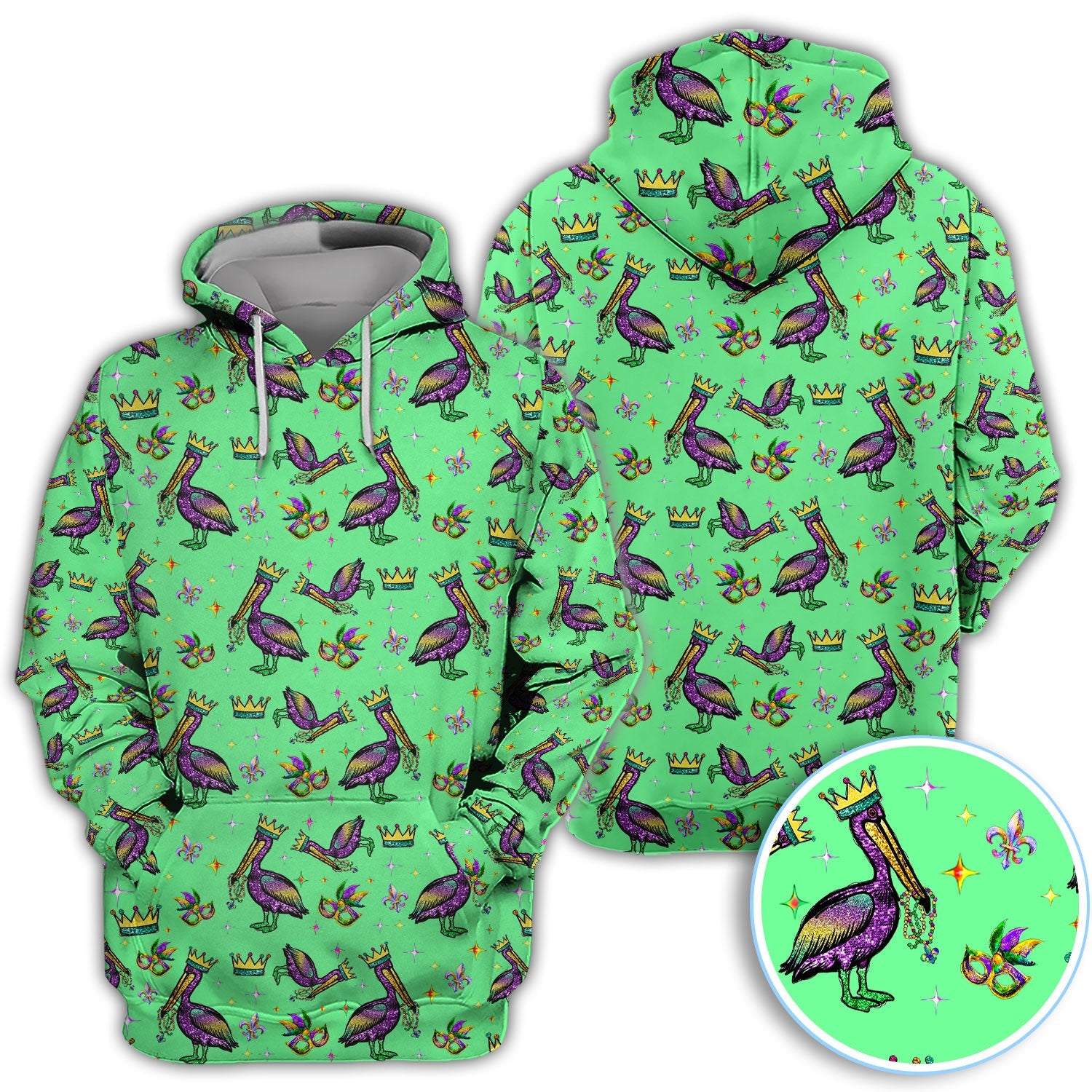Mardi Gras Pelican Pattern Golf Polos, Funny Pelican Golf Shirt For Men, Crazy Golf Gift For Golfer