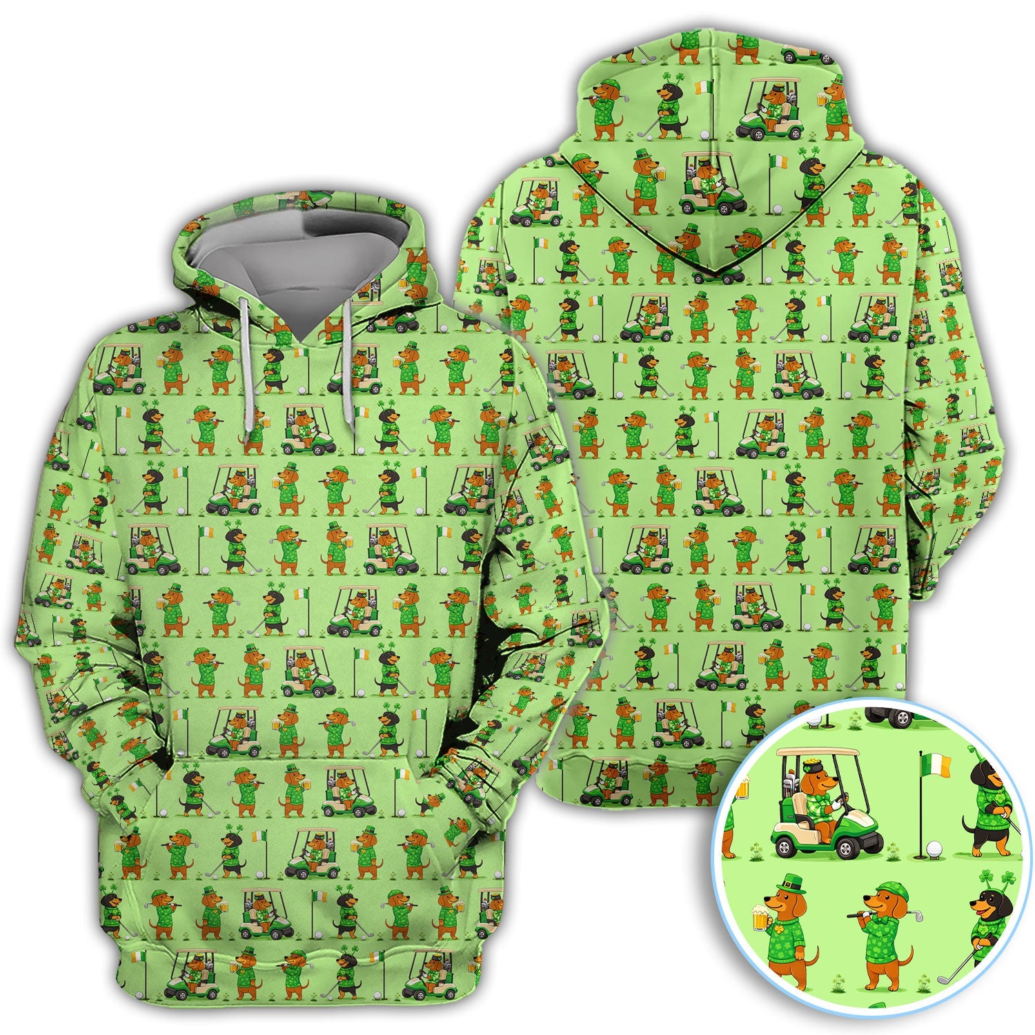 St. Patrick’s Day Dachshund Pattern Golf Polos, Funny Irish Wiener Dog Golf Shirt For Men, Golf Gift For Golfer
