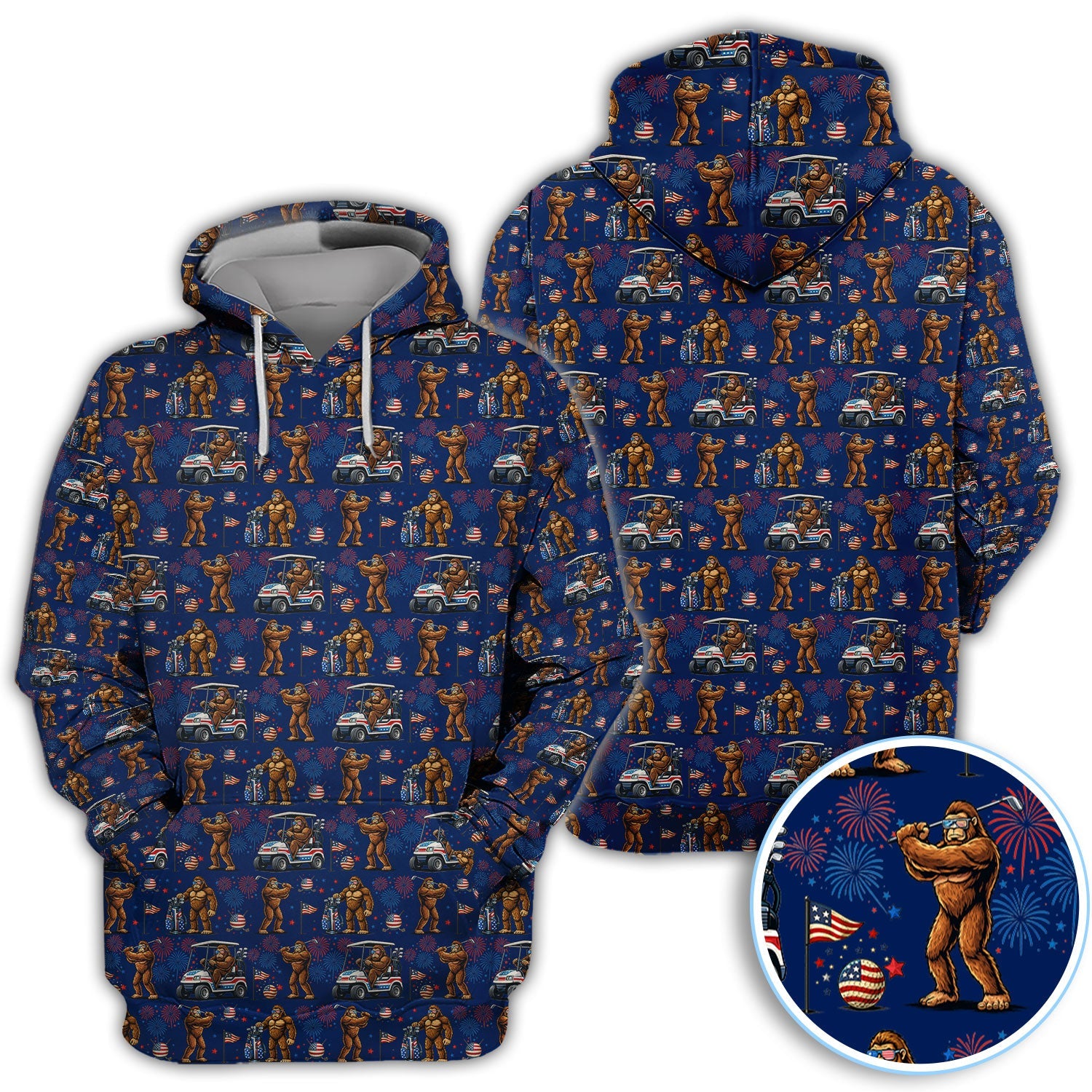 Funny Bigfoot Golf Polos For Golfer, Sasquatch Patriotic USA Pattern Golf Shirt, Golf Gift For Men