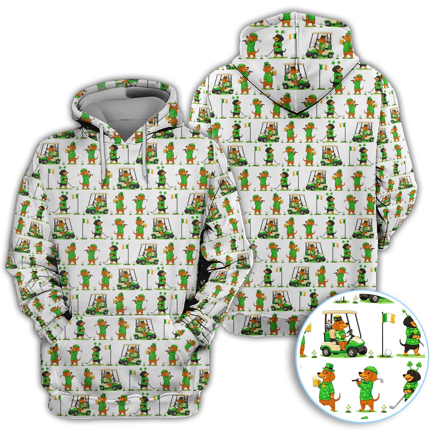 St. Patrick’s Day Dachshund Pattern Golf Polos, Funny Irish Wiener Dog Golf Shirt For Men, Golf Gift For Golfer