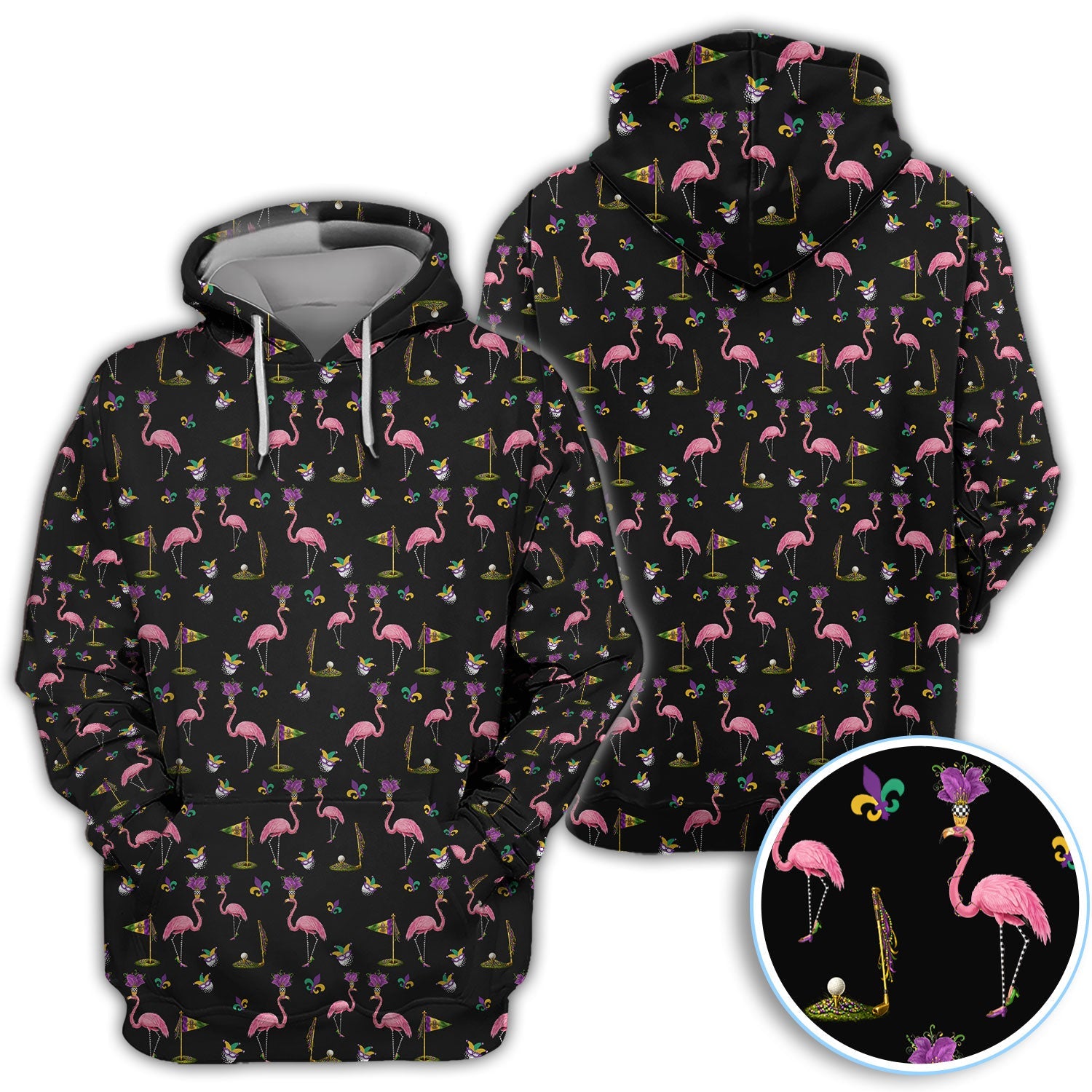 Flamingo Mardi Gras Golf Polos For Golfer, Funny Holiday Pattern Golf Shirt, Golf Gift For Men