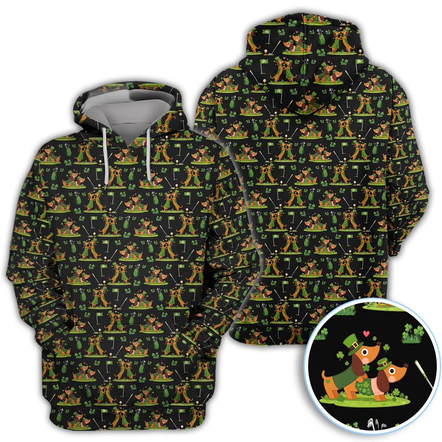 Cute Dachshund St Patrick Pattern Golf Shirt, Wiener Dog Golf Shirt, Golf Gift For Men