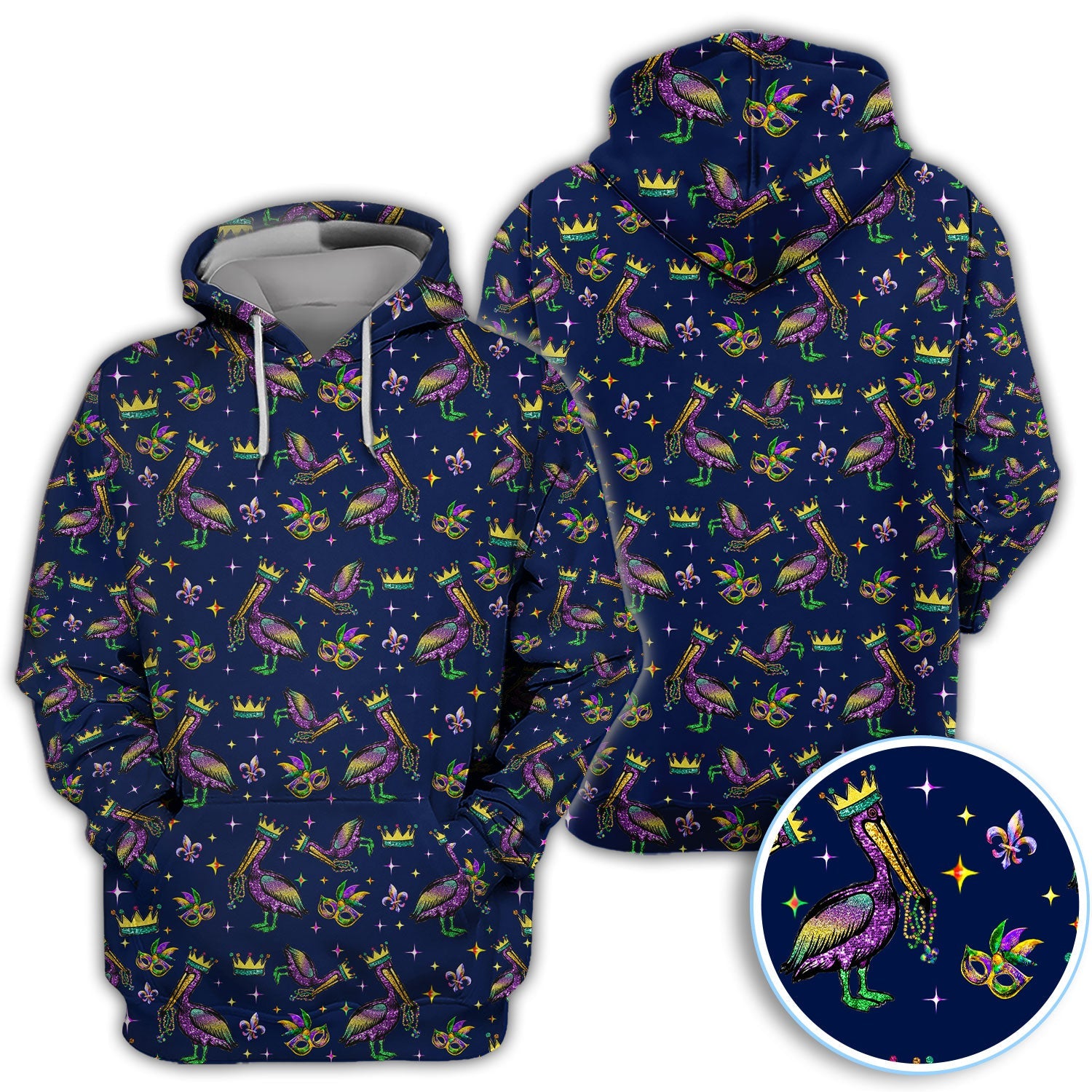 Mardi Gras Pelican Pattern Golf Polos, Funny Pelican Golf Shirt For Men, Crazy Golf Gift For Golfer
