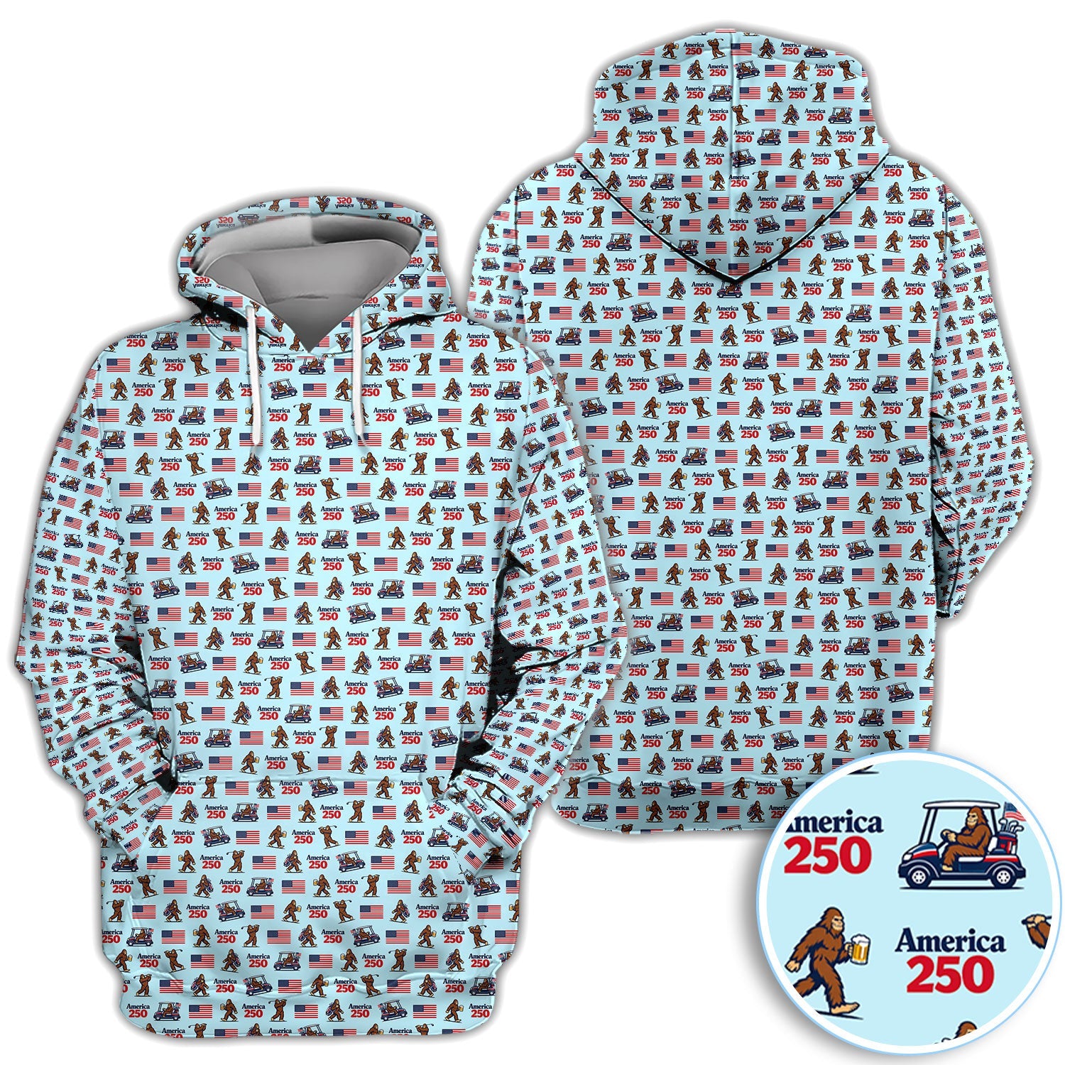 Bigfoot America 250 Pattern Golf Polos, Crazy Bigfoot Golf Shirt For Men, Funny Golf Shirt