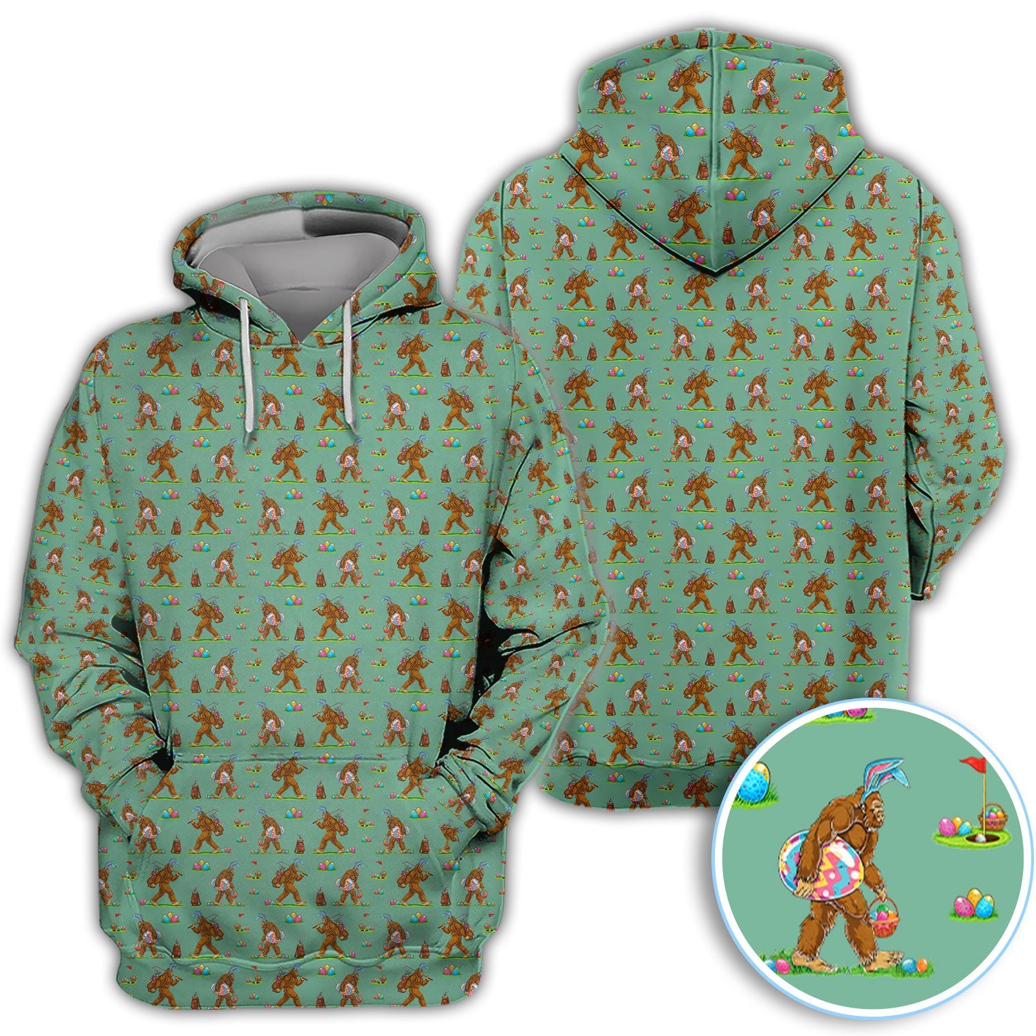 Bigfoot Easter Pattern Golf Polos, Bunny Sasquatch Golf Shirt For Men, Easter Day Shirt For Golfer