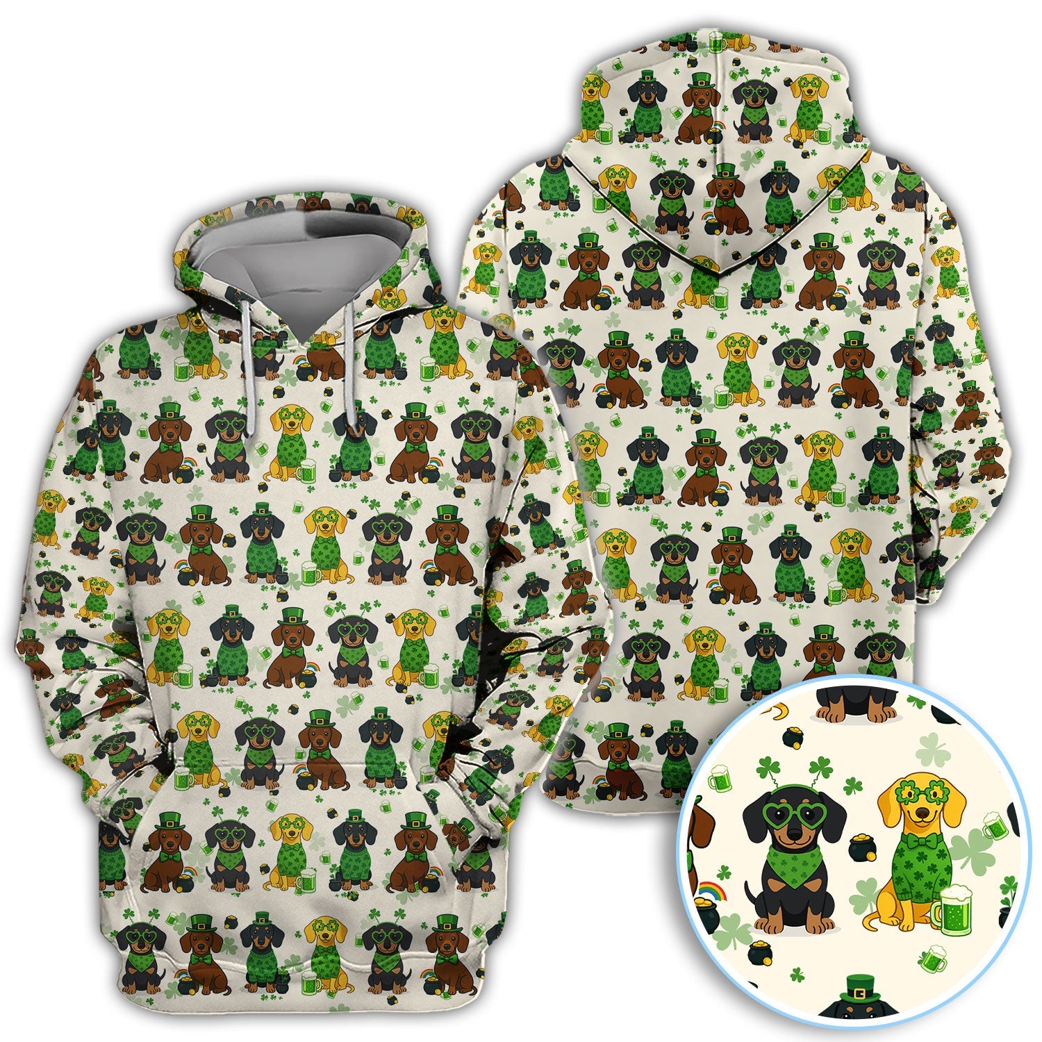 St. Patrick’s Day Dachshund Dog Pattern Golf Shirt, Funny Shamrock Dog Golf Polos For Men, Golf Gift For Golfer