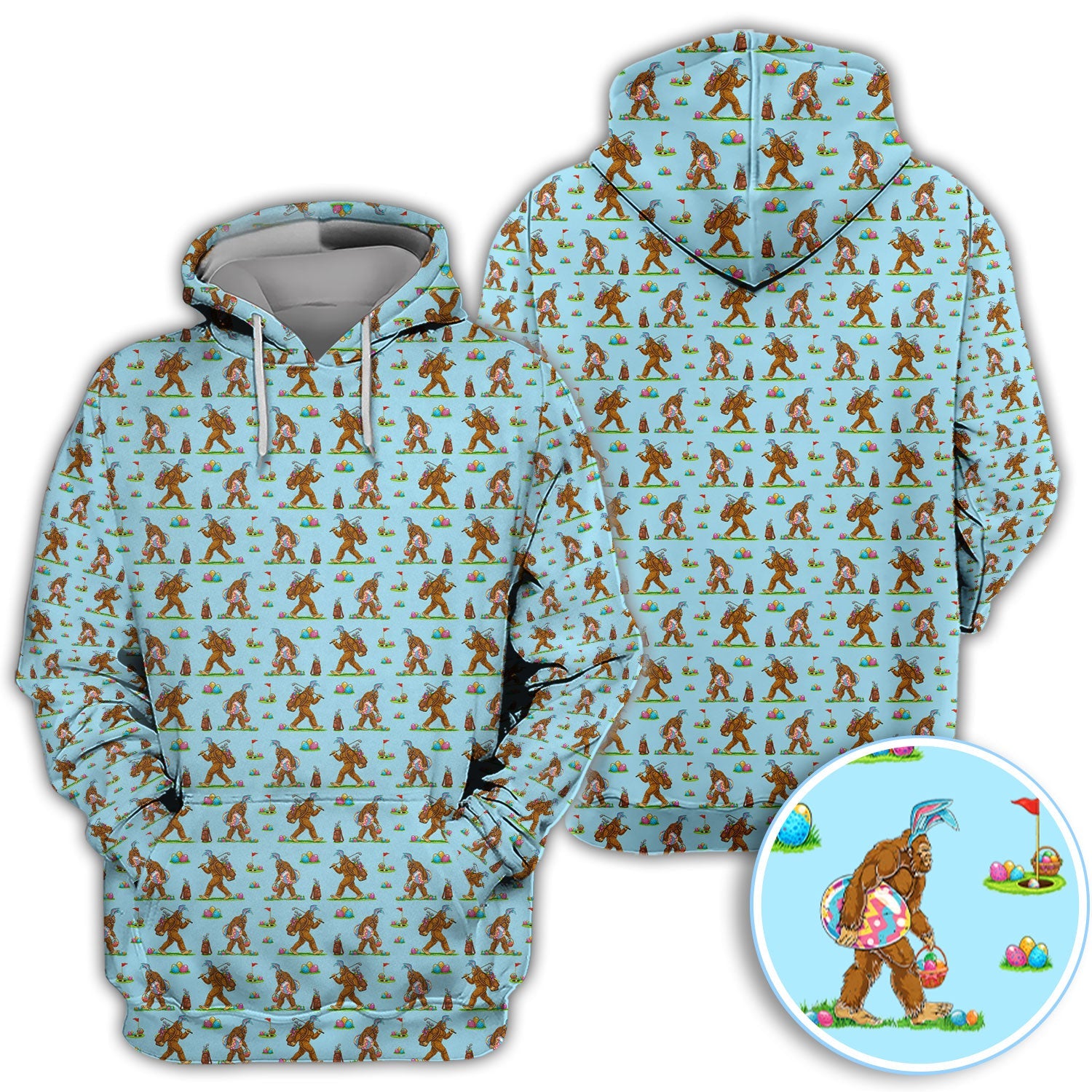 Bigfoot Easter Pattern Golf Polos, Bunny Sasquatch Golf Shirt For Men, Easter Day Shirt For Golfer