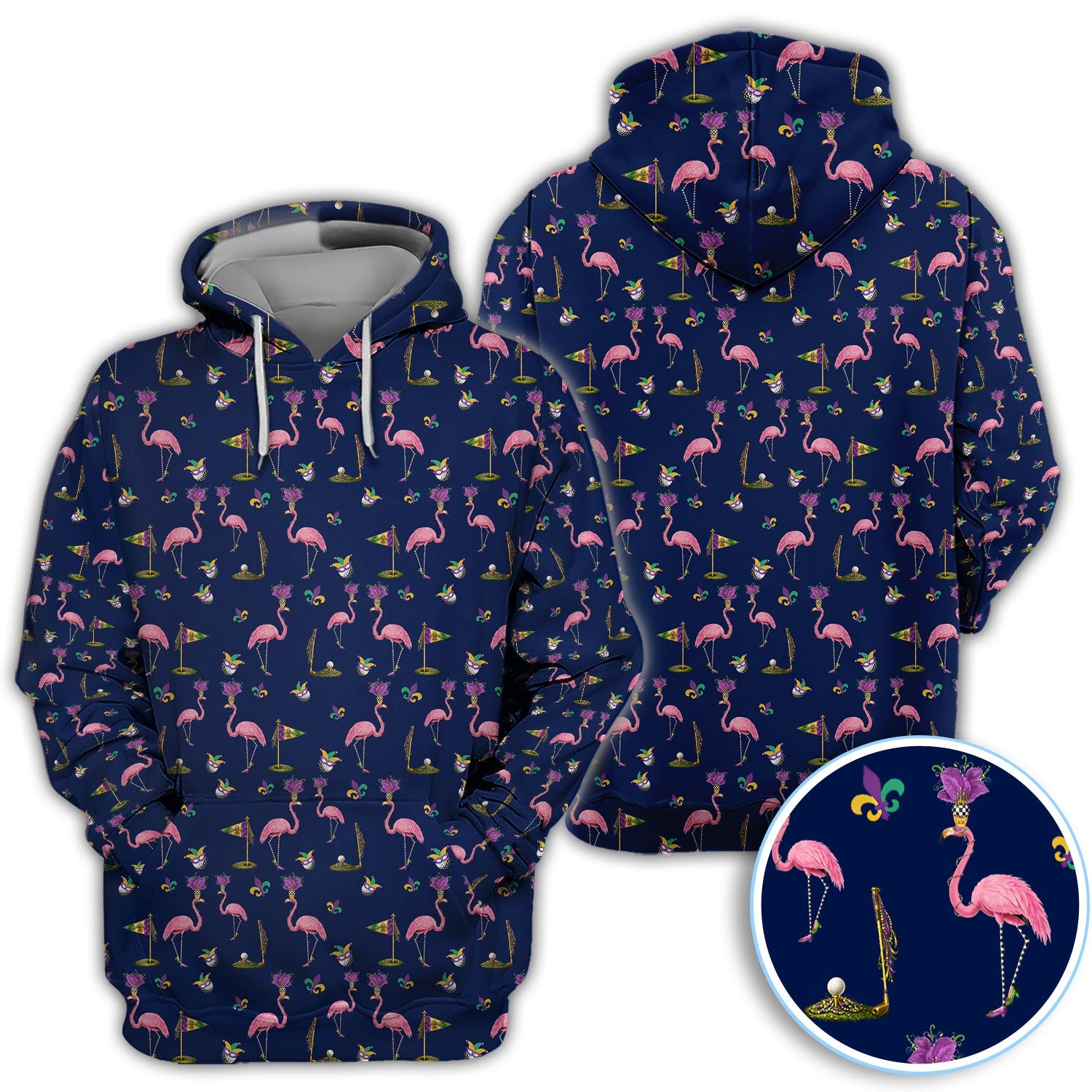 Flamingo Mardi Gras Golf Polos For Golfer, Funny Holiday Pattern Golf Shirt, Golf Gift For Men