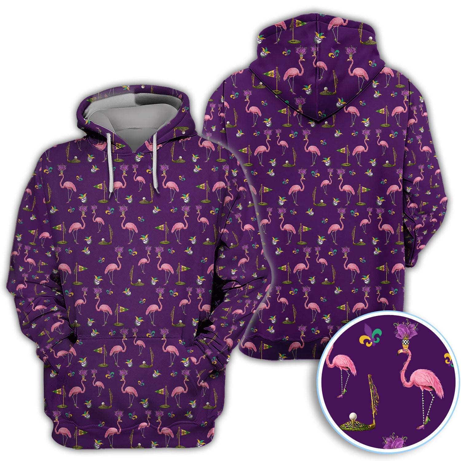 Flamingo Mardi Gras Golf Polos For Golfer, Funny Holiday Pattern Golf Shirt, Golf Gift For Men