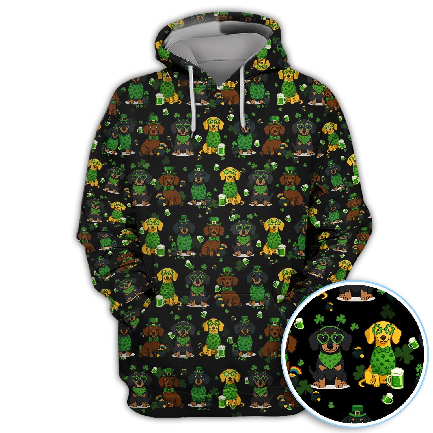 St. Patrick’s Day Dachshund Dog Pattern Golf Shirt, Funny Shamrock Dog Golf Polos For Men, Golf Gift For Golfer