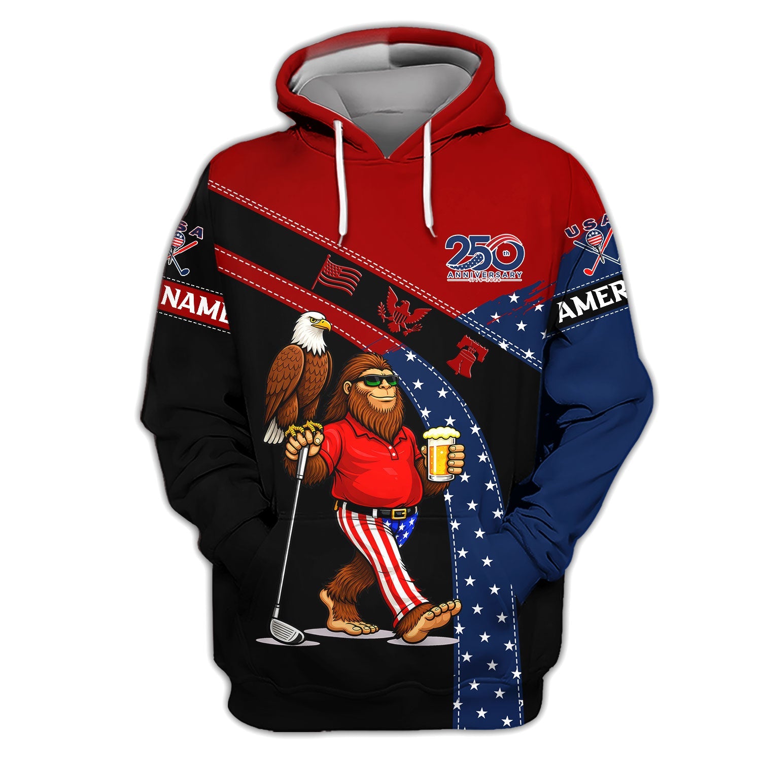 Funny Patriotic Golf Polos, Bigfoot Eagle Beer Pattern Shirt For Men, USA Golf Vibes