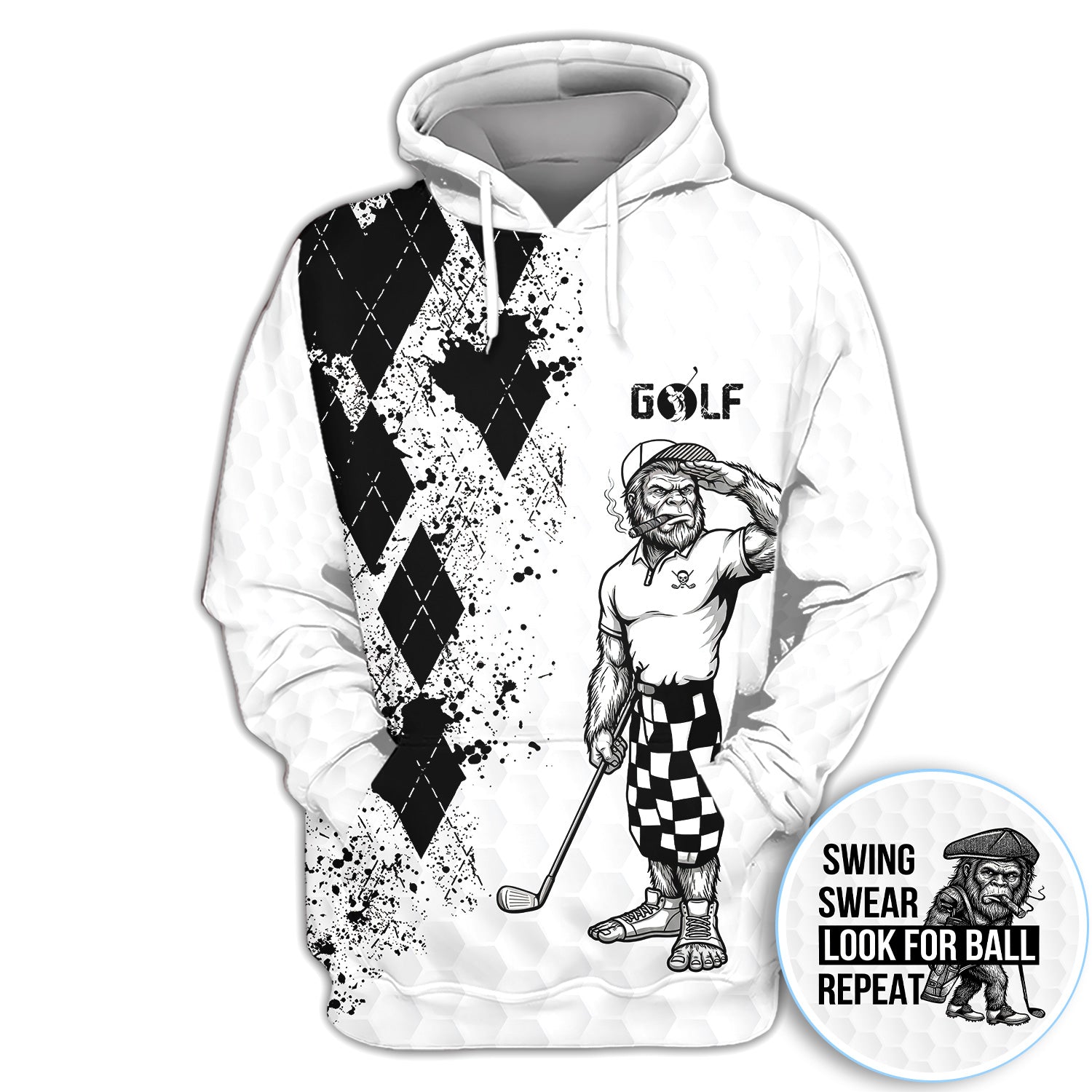 Funny Bigfoot Golfer Polo Shirt, Swing Swear Repeat Graphic Polo For Men, Unique Sasquatch Golf Outfit