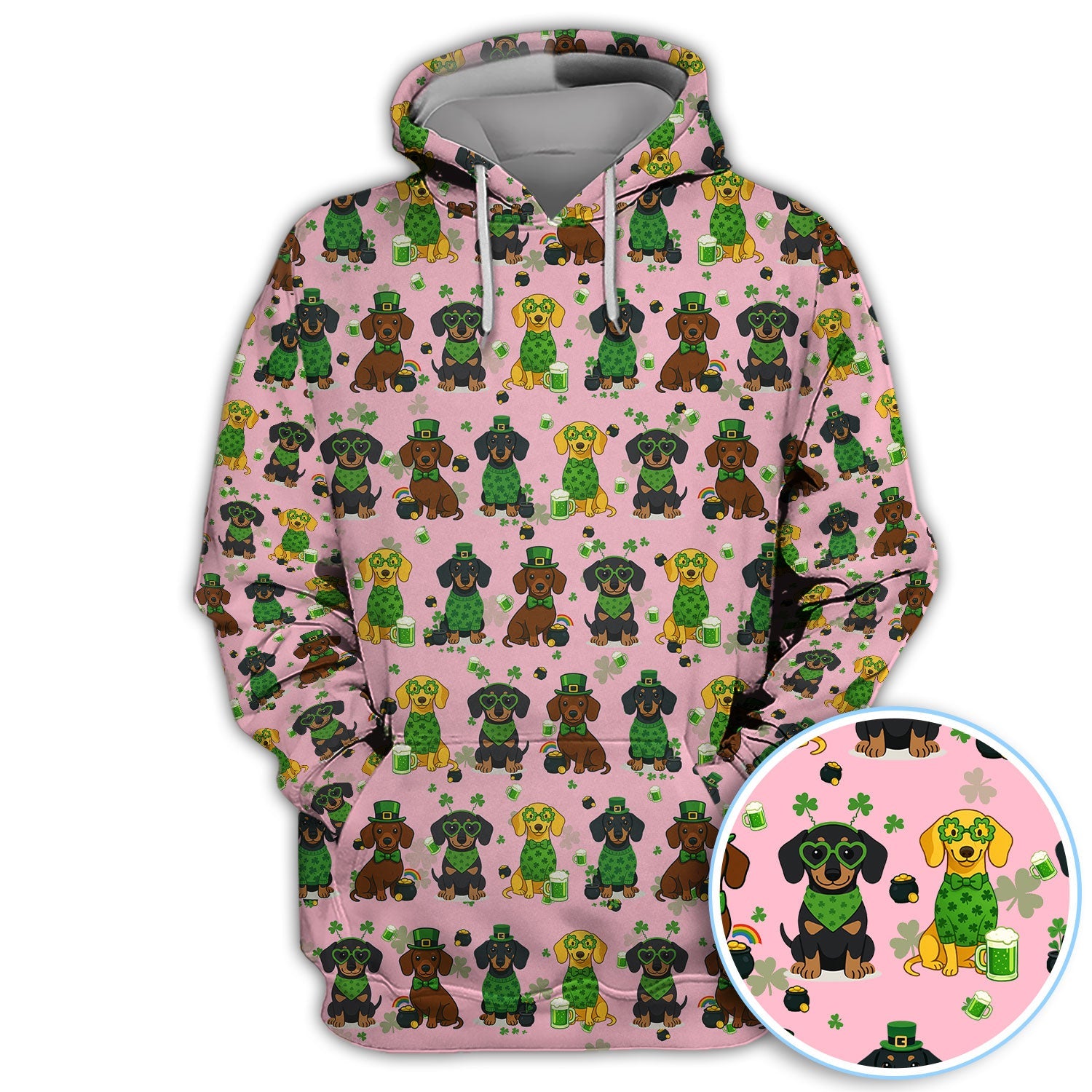St. Patrick’s Day Dachshund Dog Pattern Golf Shirt, Funny Shamrock Dog Golf Polos For Men, Golf Gift For Golfer