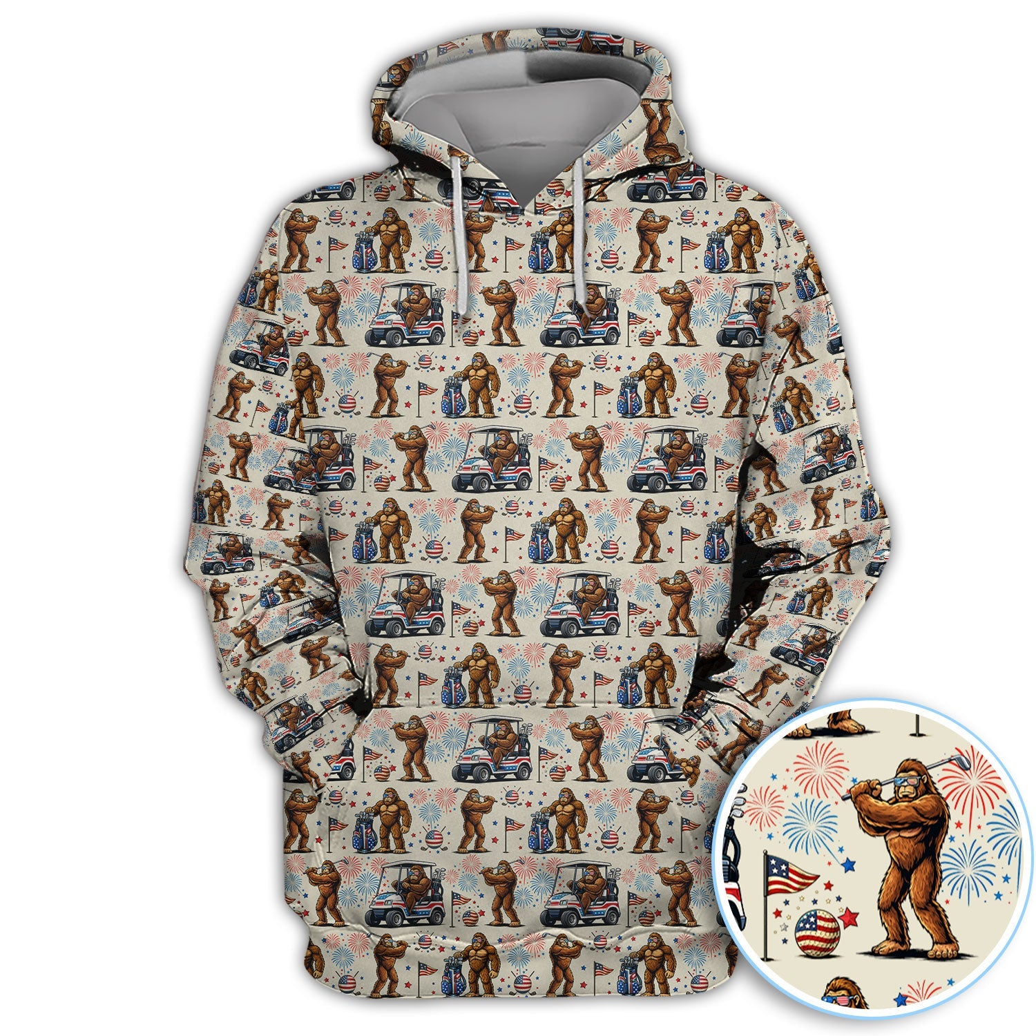 Funny Bigfoot Golf Polos For Golfer, Sasquatch Patriotic USA Pattern Golf Shirt, Golf Gift For Men
