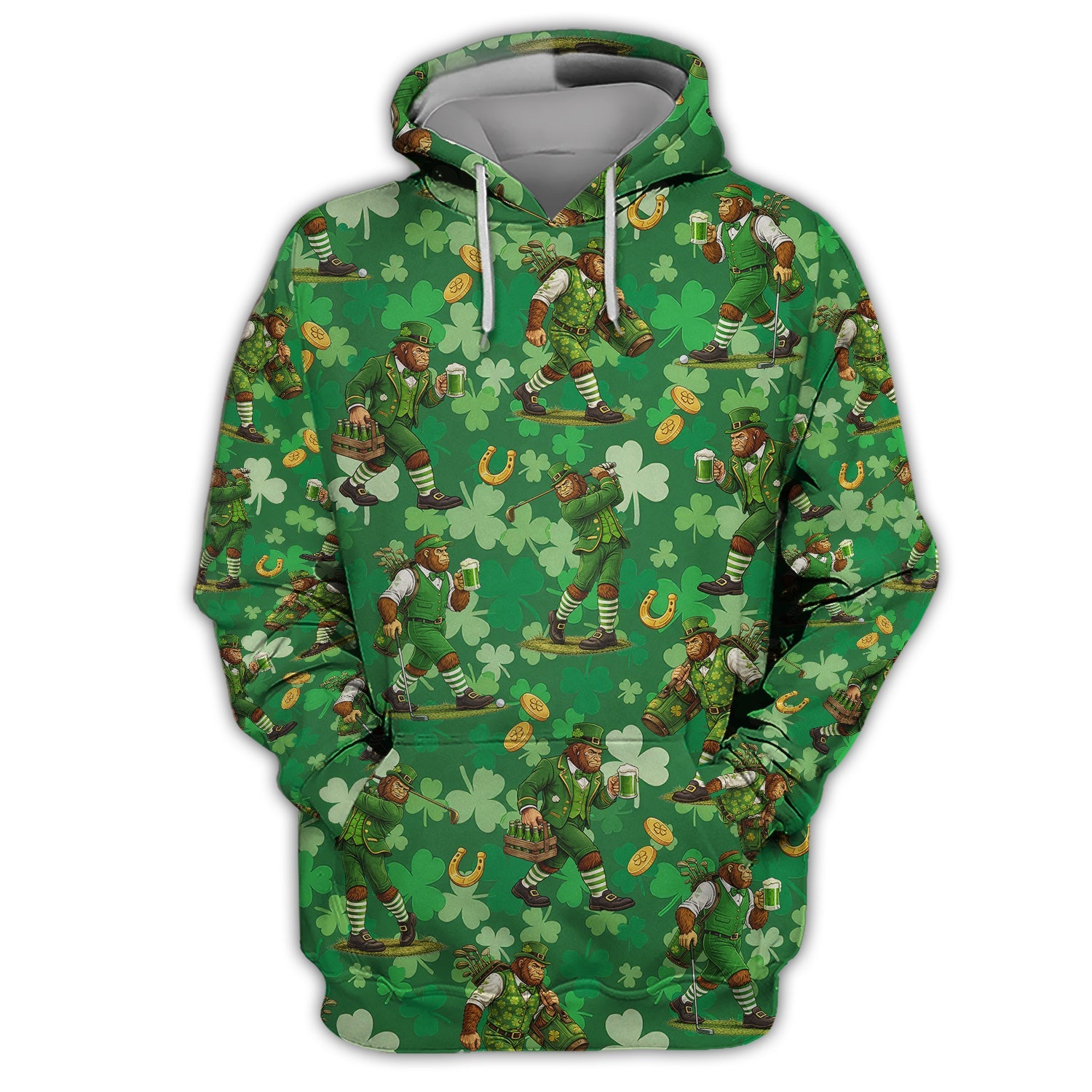 St. Patrick’s Day Bigfoot Leprechaun Golf Polos, Funny Irish Green Golf Shirt For Golfer, Golf Gift For Men