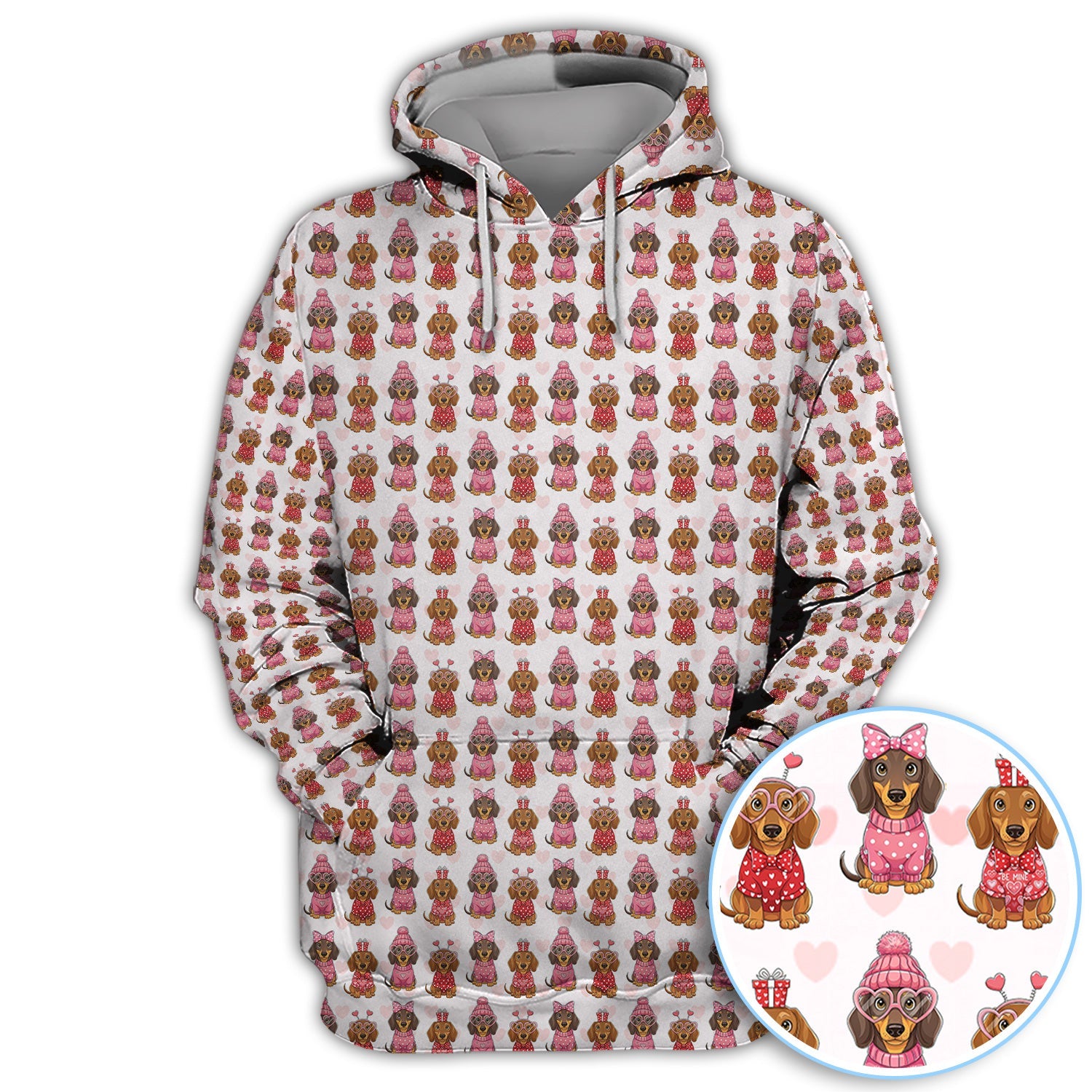Valentine Dachshund Pattern Golf Polos, Wiener Dog Golf Shirt For Men, Crazy Golf Gift For Golfer