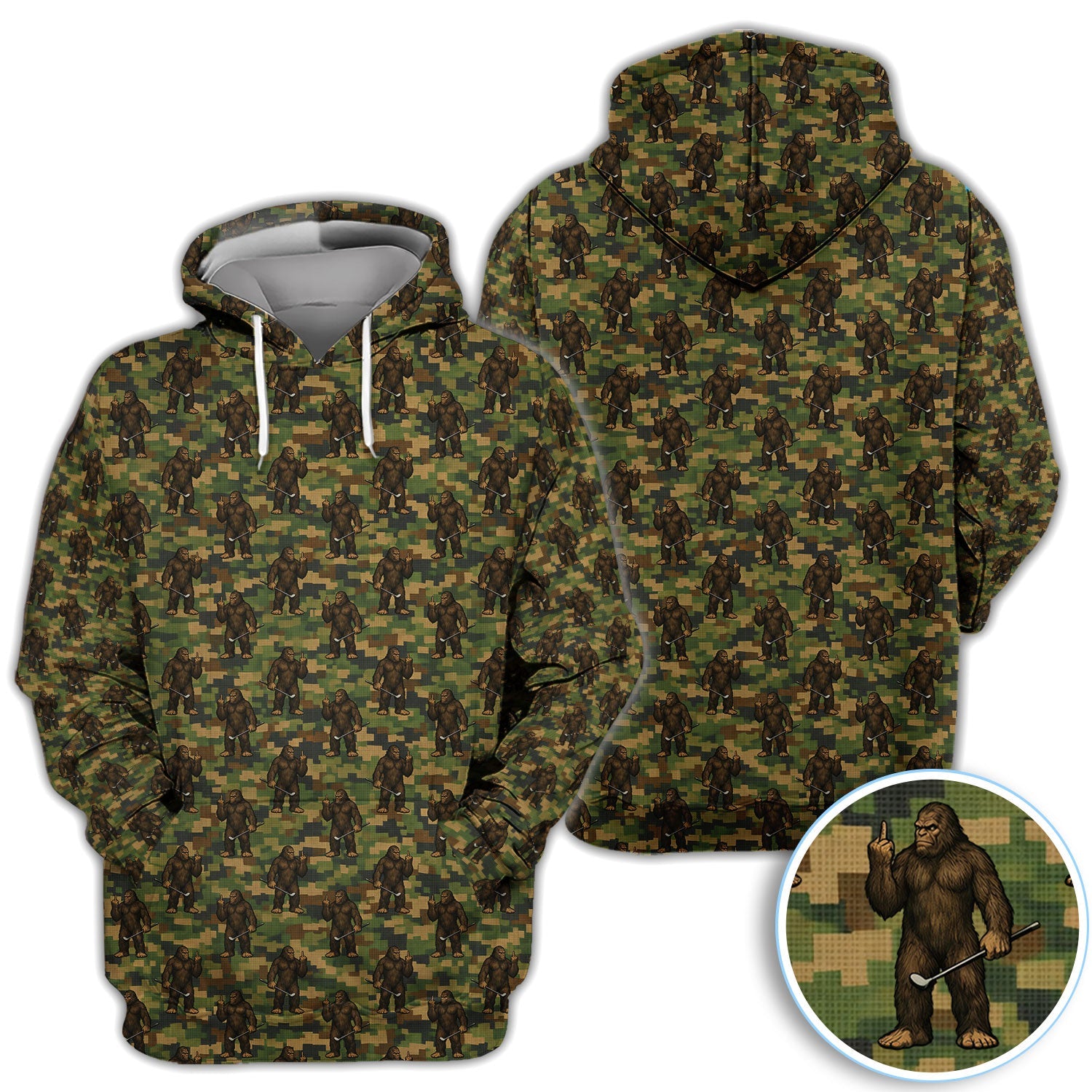 Bigfoot Golfer Camo Pattern Golf Shirt, Sasquatch Middle Finger Golf Shirt For Men, Golfer Gift