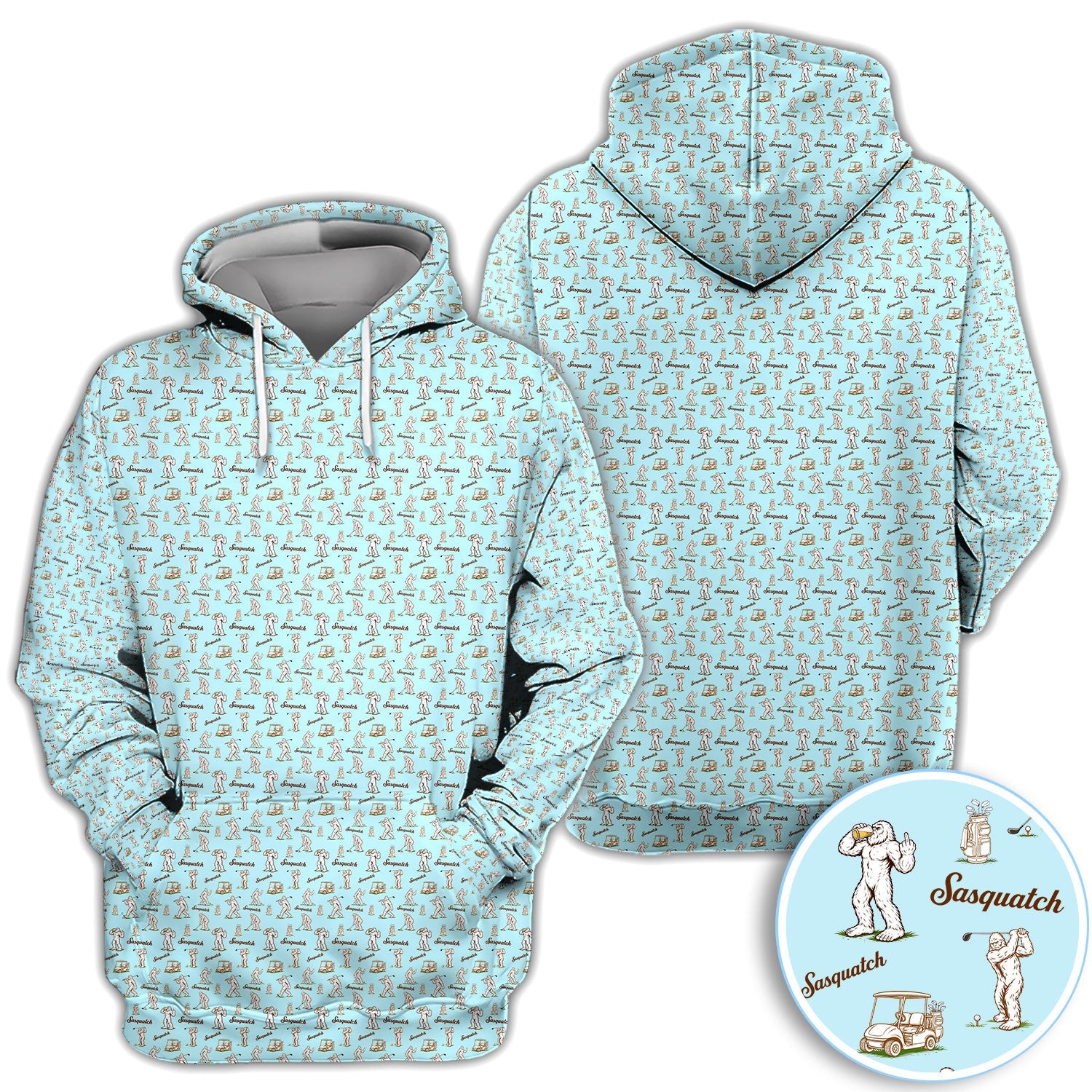 Vintage Sasquatch Golf Polo Shirt, Light Blue Bigfoot Pattern Shirt, Funny Golfer Gift For Men