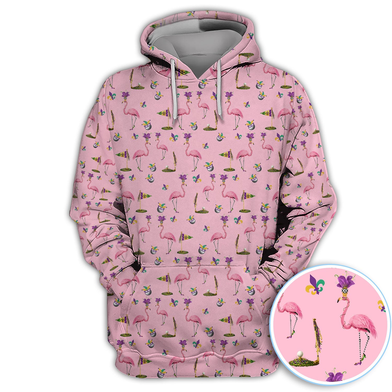 Flamingo Mardi Gras Golf Polos For Golfer, Funny Holiday Pattern Golf Shirt, Golf Gift For Men