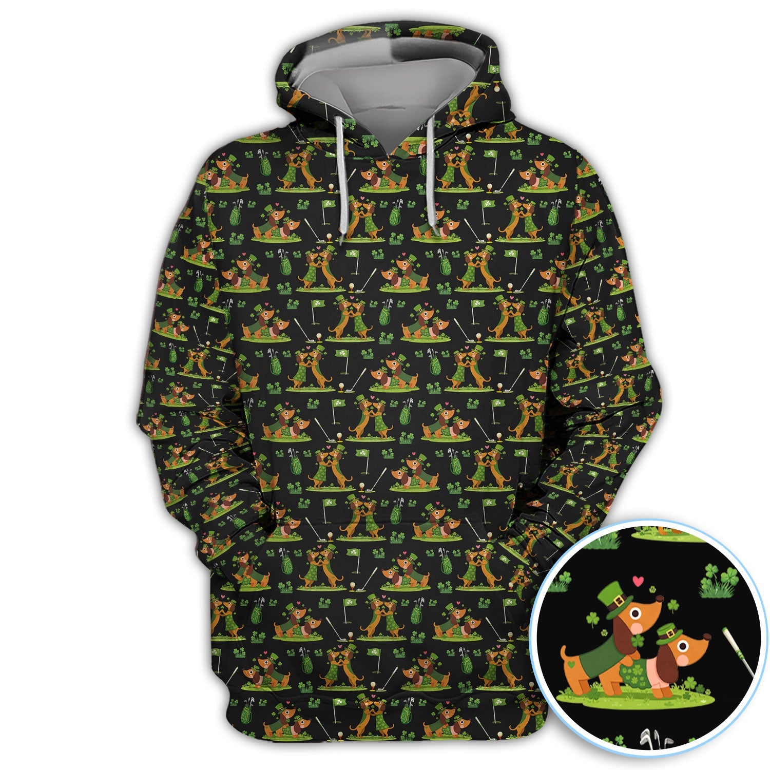 Cute Dachshund St Patrick Pattern Golf Shirt, Wiener Dog Golf Shirt, Golf Gift For Men