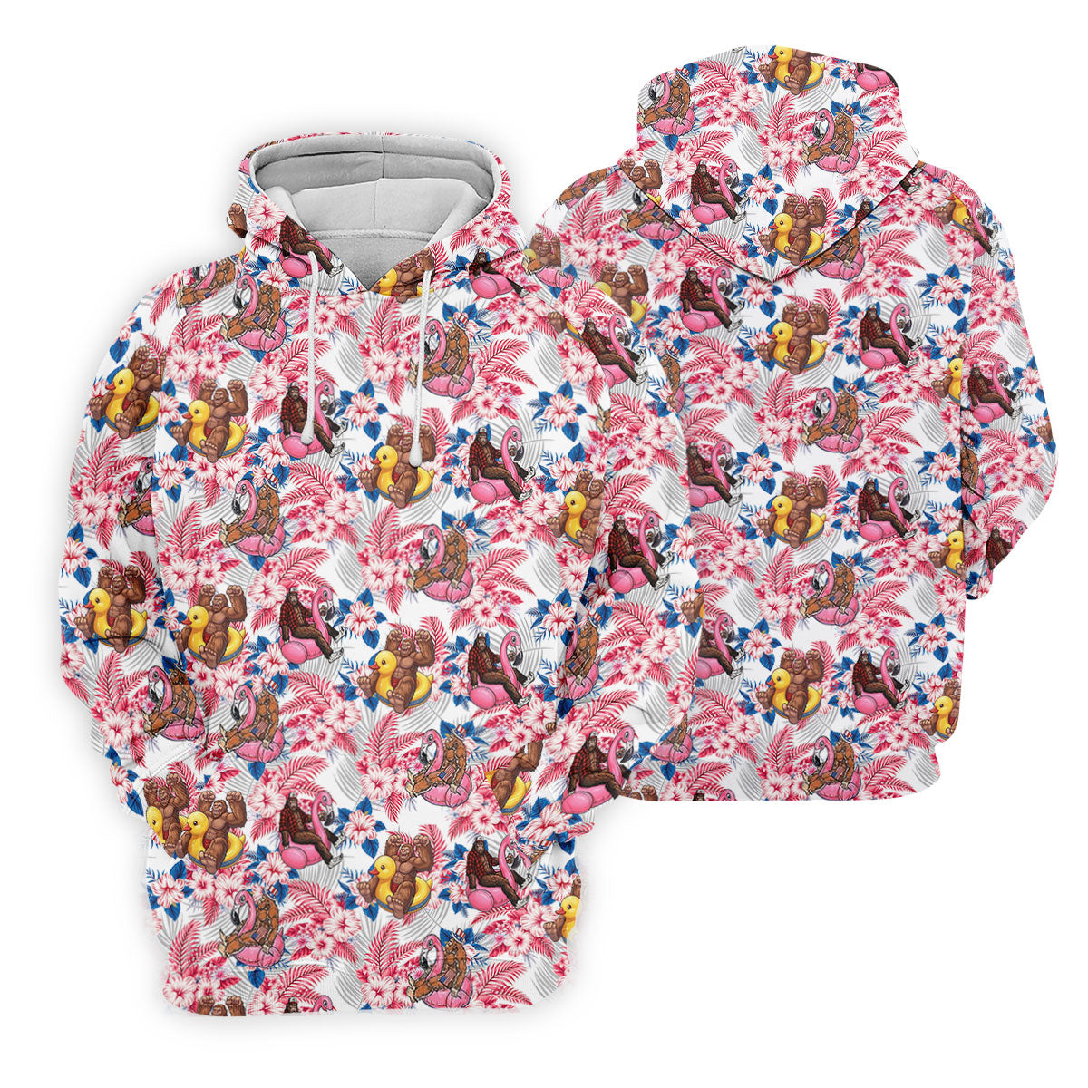 Funny Bigfoot Pool Party Hawaiian Golf Shirt, Red White Blue Tropical Flamingo Golf Shirt For Women