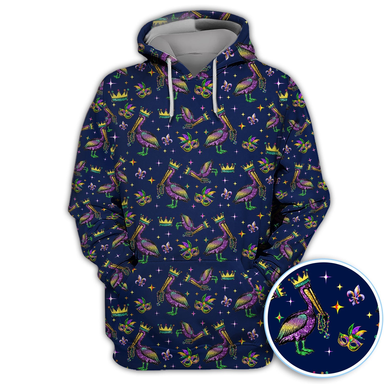 Mardi Gras Pelican Pattern Golf Polos, Funny Pelican Golf Shirt For Men, Crazy Golf Gift For Golfer