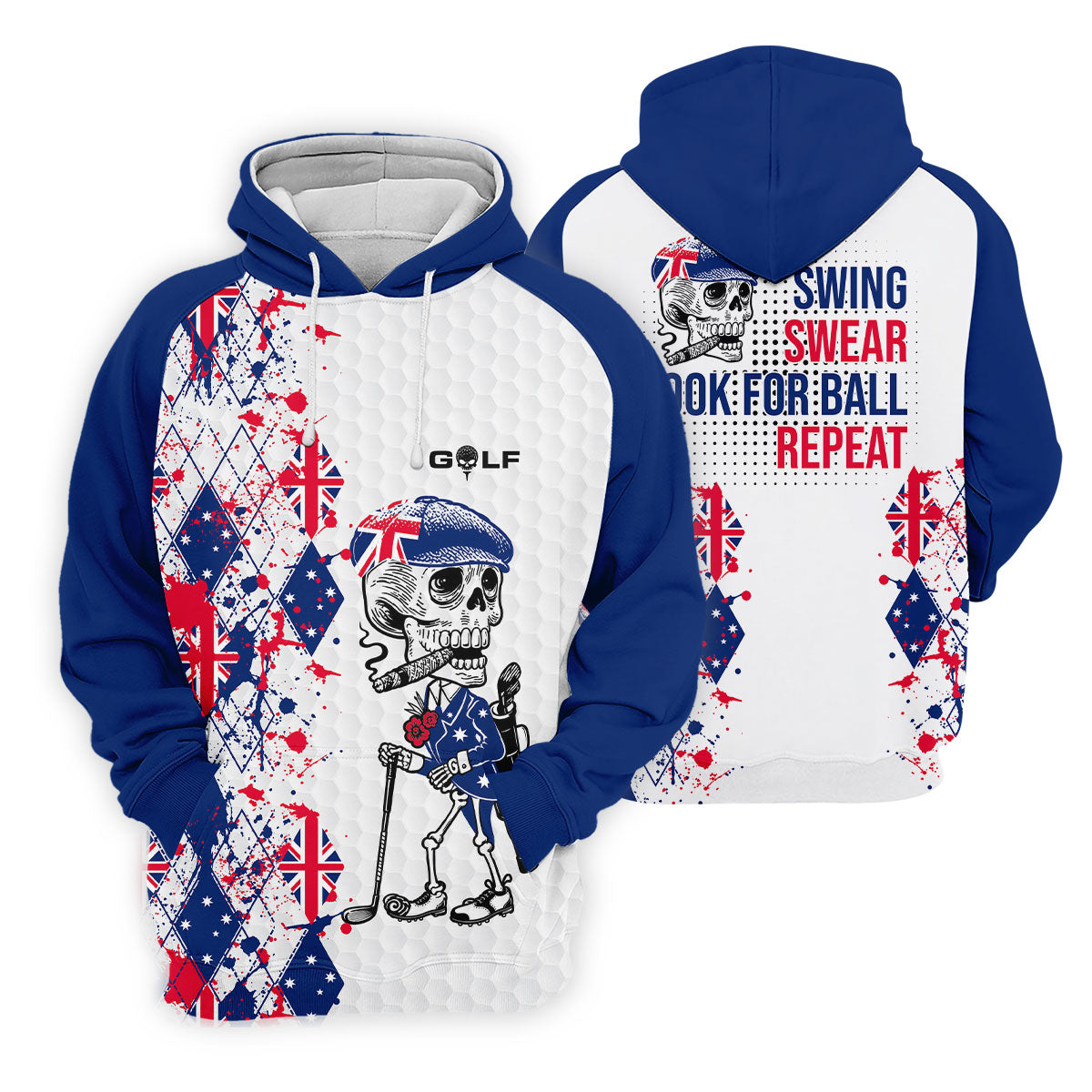 Swing Swear Look For Ball Repeat Australia Flag Print Skeleton Golfer Argyle Golf Shirt, Women's Golf Tops