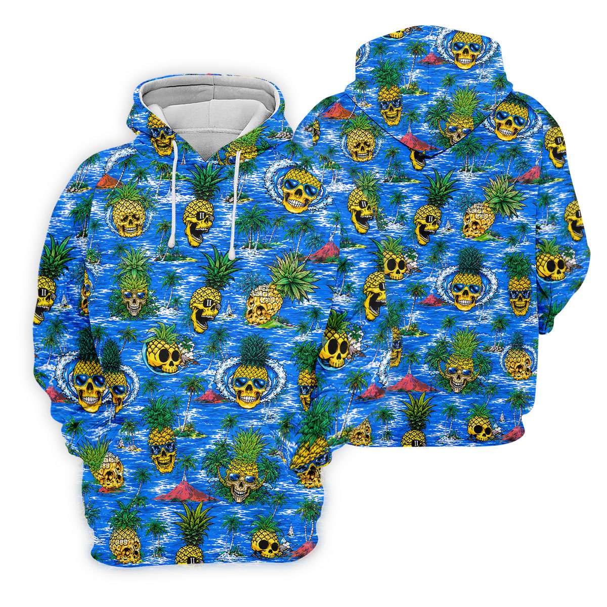 Pineapple Skull Golf Shirt, Tropical Island Volcano Pattern, Golf Shirt For Men