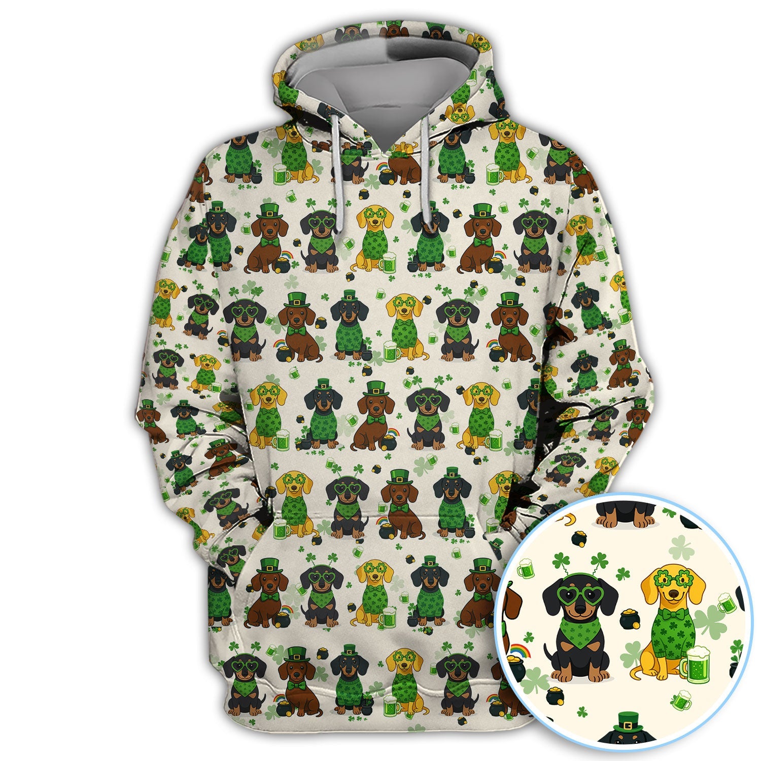 St. Patrick’s Day Dachshund Dog Pattern Golf Shirt, Funny Shamrock Dog Golf Polos For Men, Golf Gift For Golfer