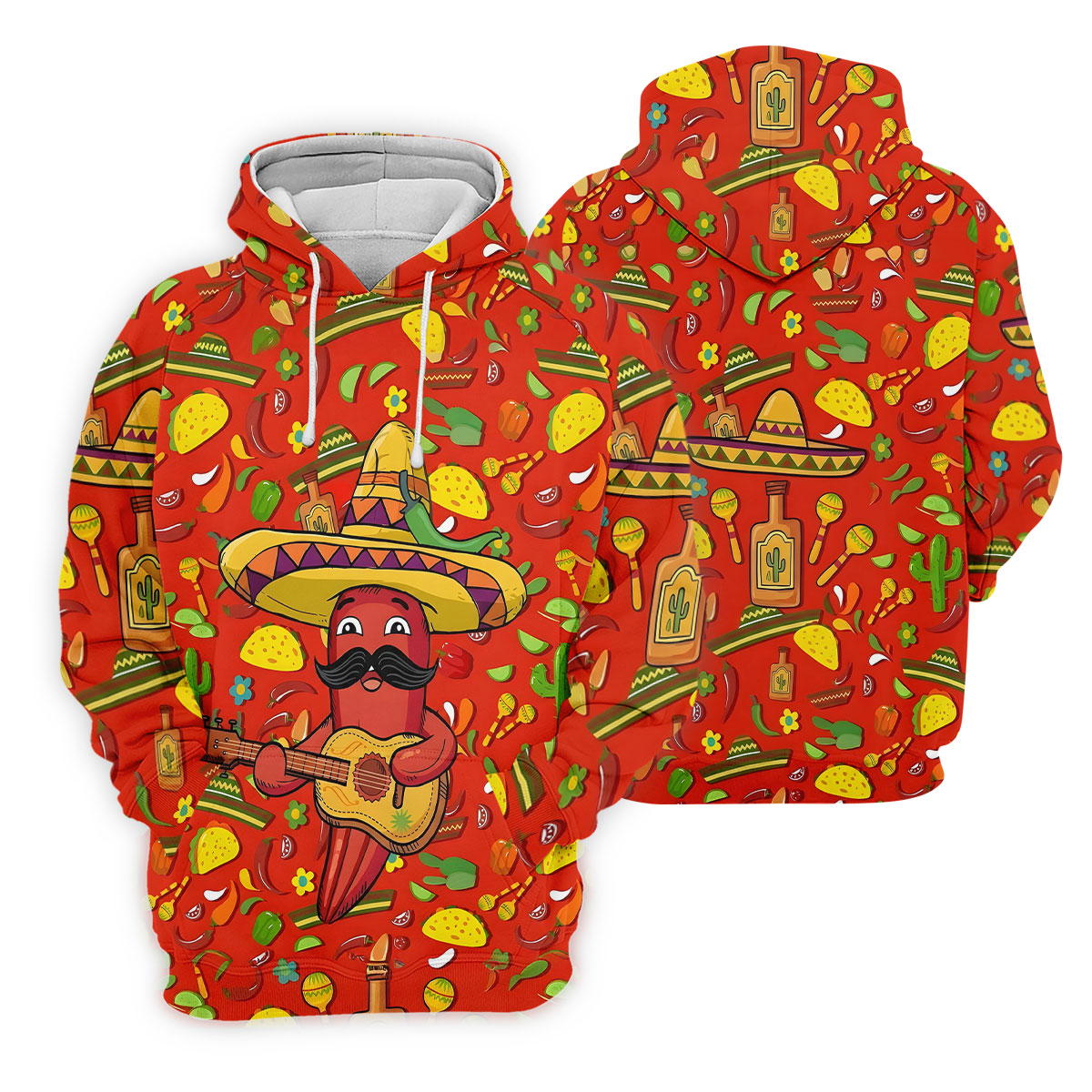 Cartoon Chili Pepper Mexican Guitar Cinco De Mayo Celebration Fiesta Themed Golf Shirts For Men