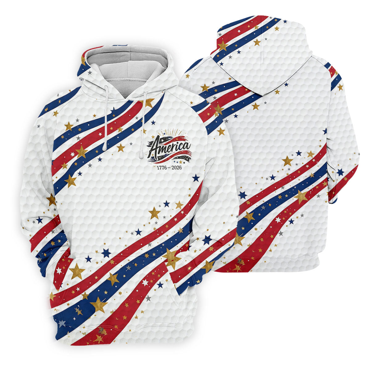 Red White Blue Wavy Stripes Golf Ball Pattern Patriotic Golf Shirt, 250th Anniversary Golf Shirts For Men