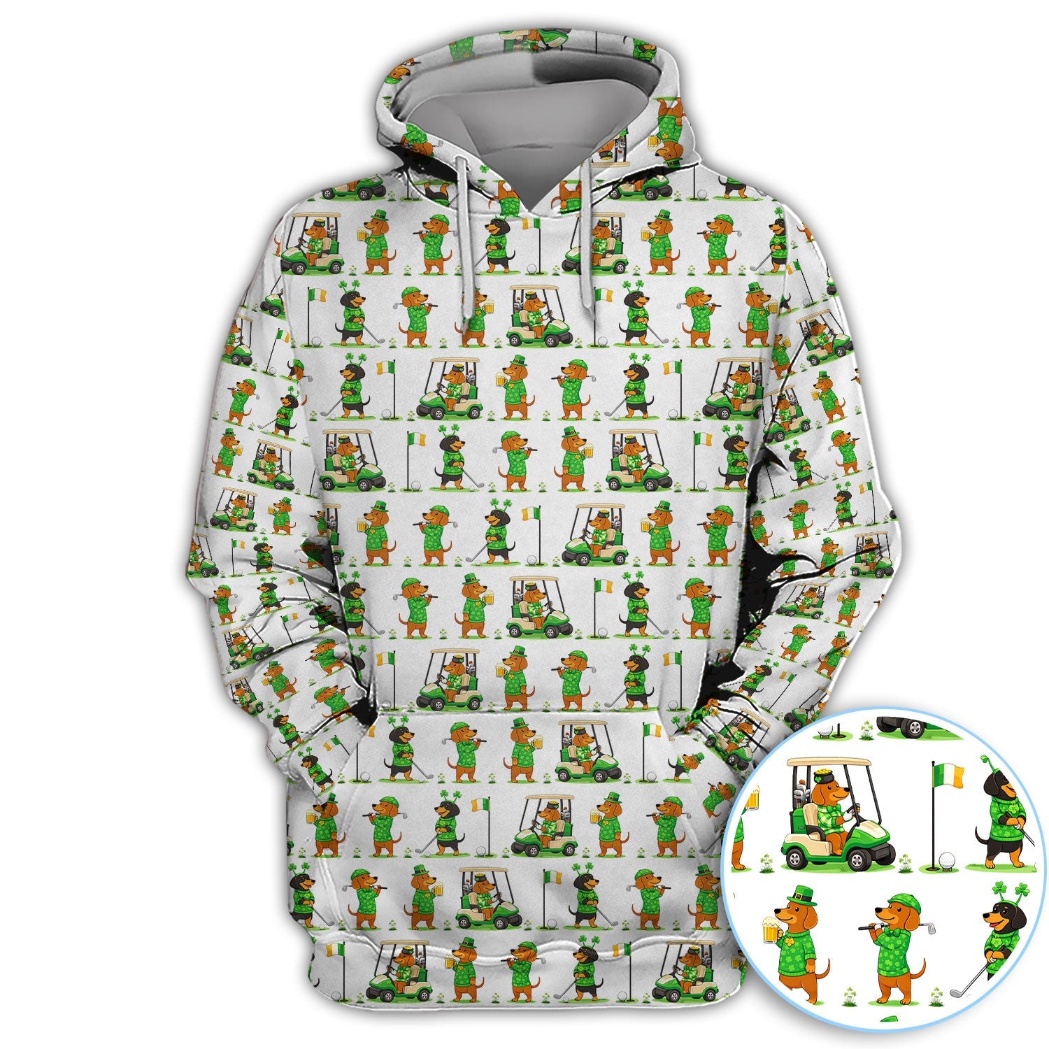 St. Patrick’s Day Dachshund Pattern Golf Polos, Funny Irish Wiener Dog Golf Shirt For Men, Golf Gift For Golfer