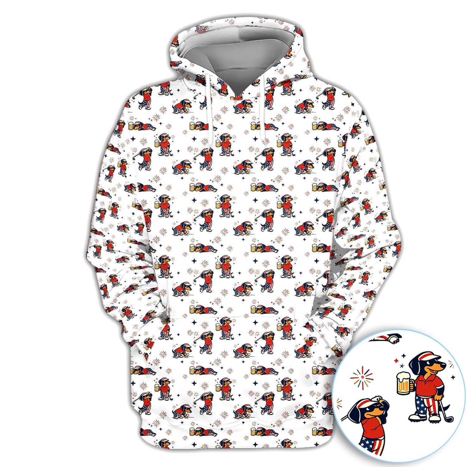 Funny Patriotic Golf Dog Polo Shirt, USA Dachshund Beer & Fireworks Pattern Shirt, 4th of July Golfer Gift For Women