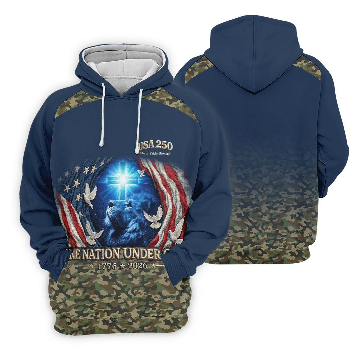 One Nation Under God Faith Cross USA 250 Navy Camo Golf Shirt, 4th Of July Golf Shirts For Men