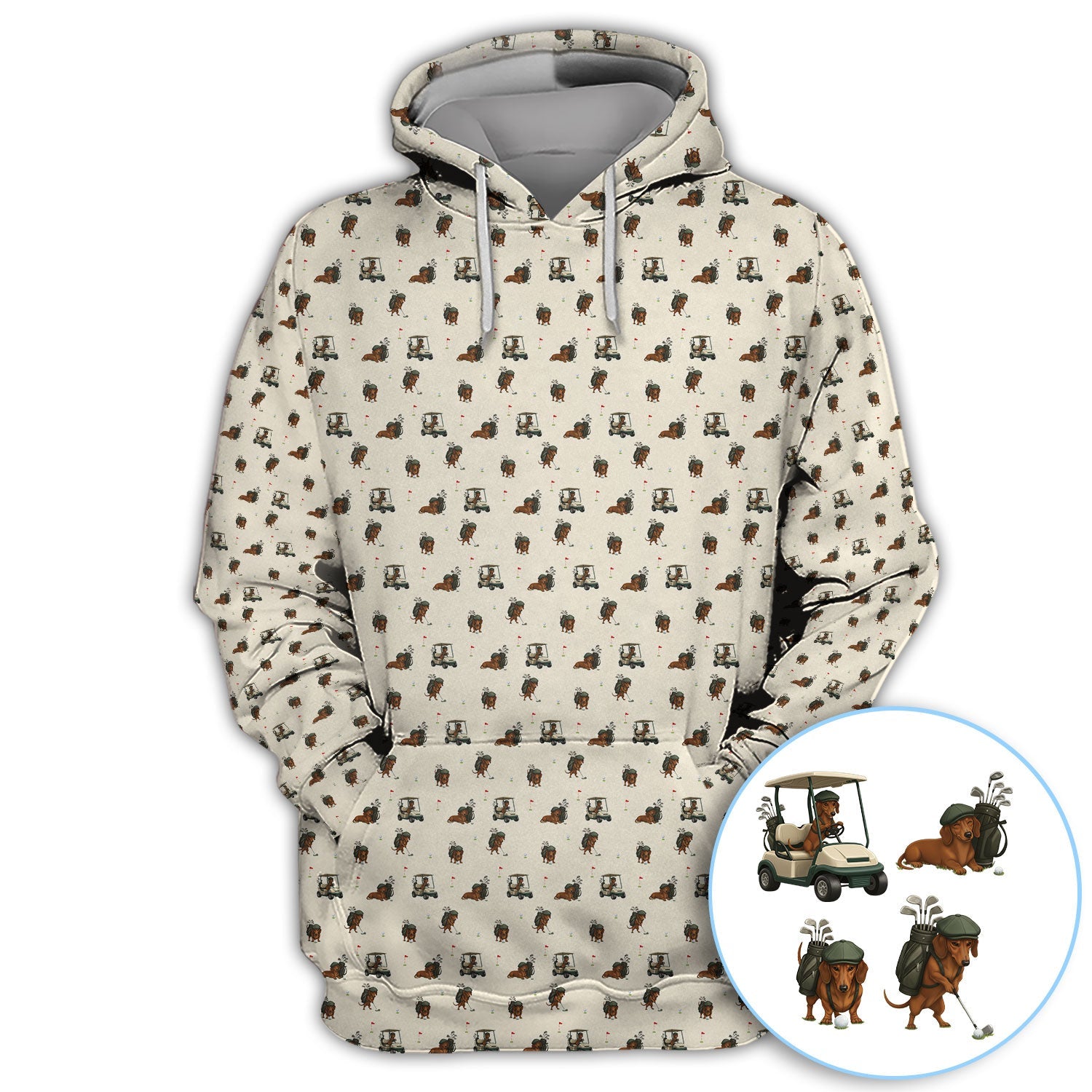 Funny Dachshund Golf Shirt, Wiener Dog Pattern Polos For Men, Golf Gift For Golfers