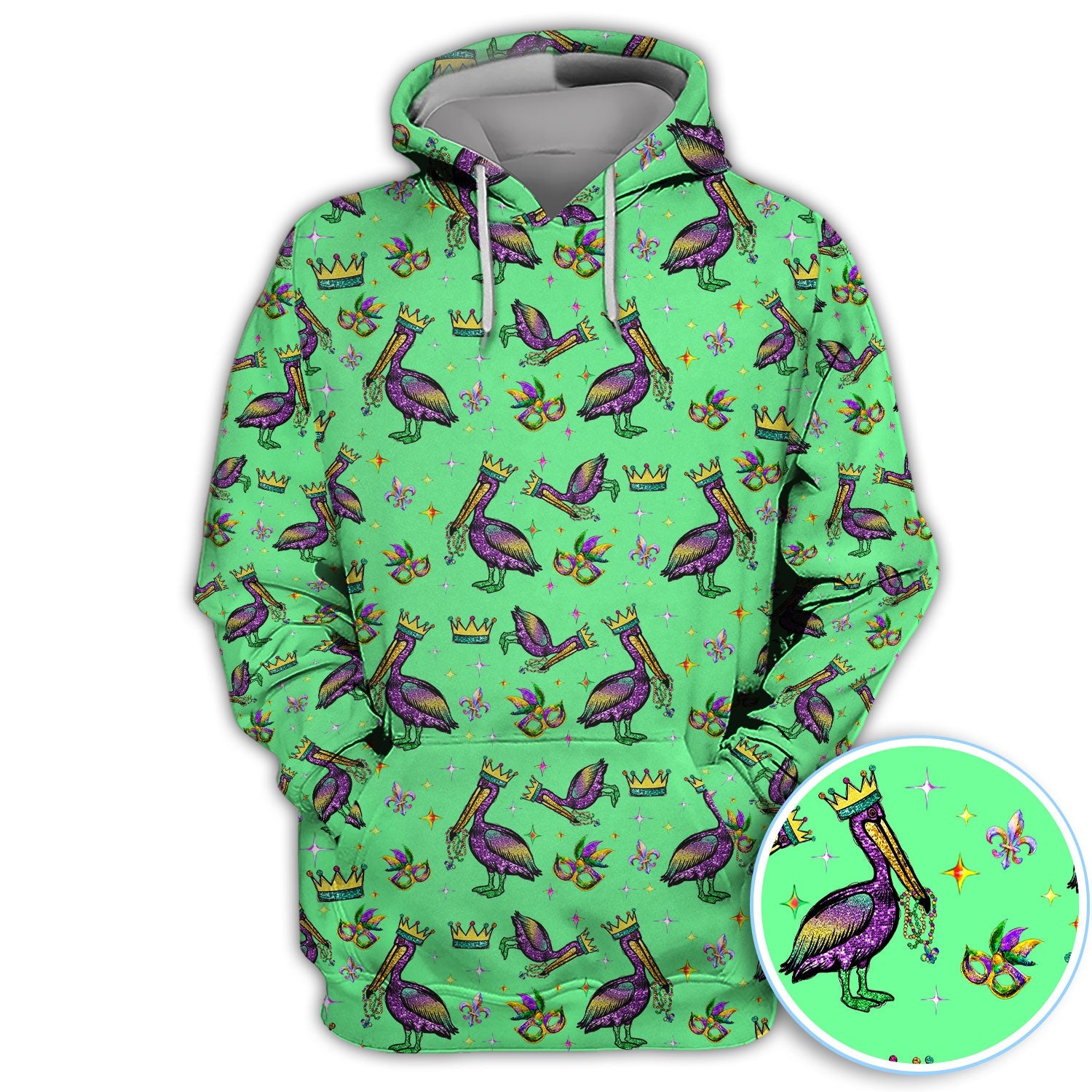 Mardi Gras Pelican Pattern Golf Polos, Funny Pelican Golf Shirt For Men, Crazy Golf Gift For Golfer