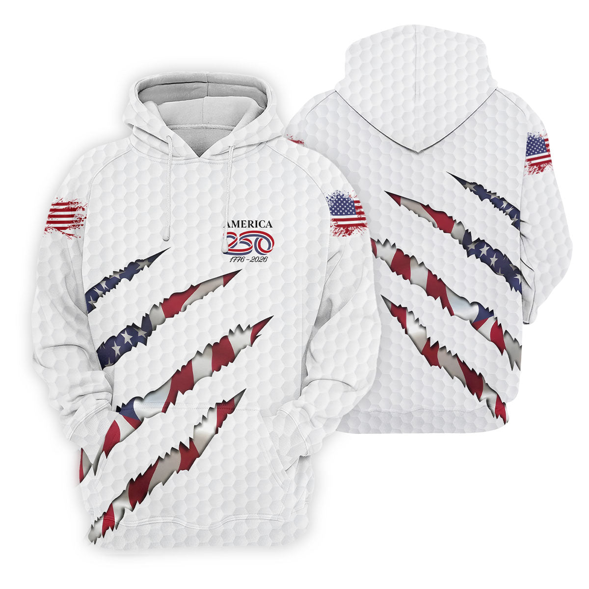 America 250 1776-2026 Scratched Flag Golf Ball Pattern White Golf Shirt, Patriotic 4th Of July Golf Shirt For Women
