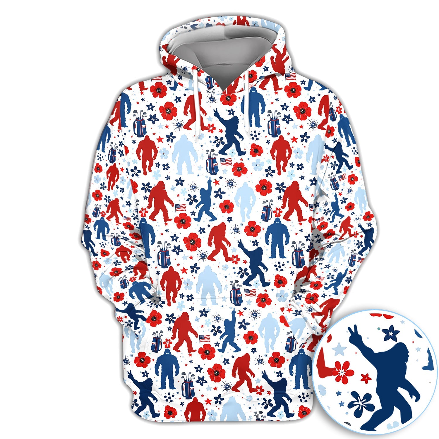 Patriotic Bigfoot Golf Polo Shirt For Men, USA Flag Red Blue White Sasquatch Pattern Golf Shirt