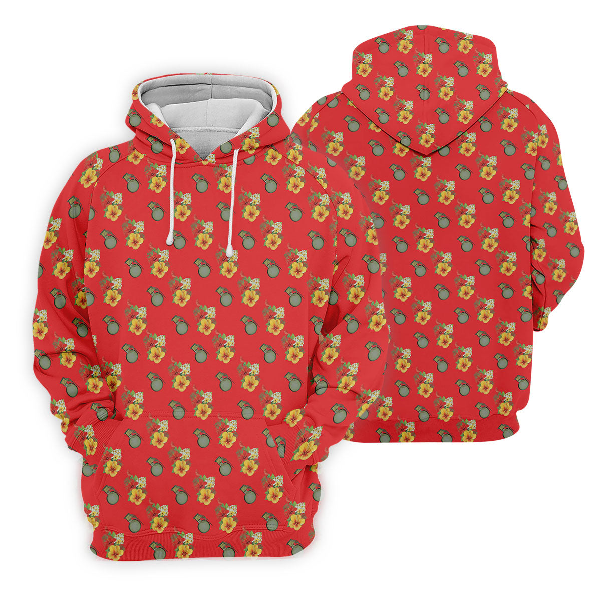 Hibiscus Flowers Green Grenades Seamless Pattern Red Golf Shirt, Women's Golf Tops, Ladies Golf Shirt