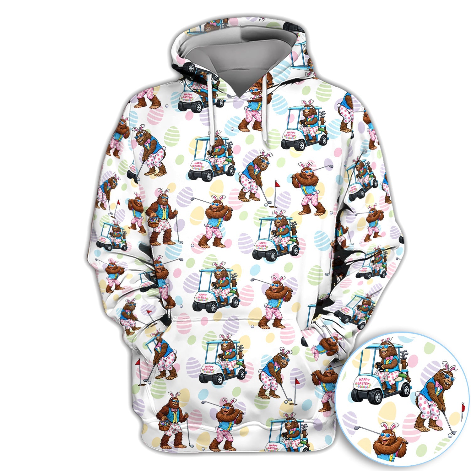 Funny Easter Bigfoot Golf Polo Shirt, Bunny Sasquatch Golfer Shirt, Unique Golf Gift for Men