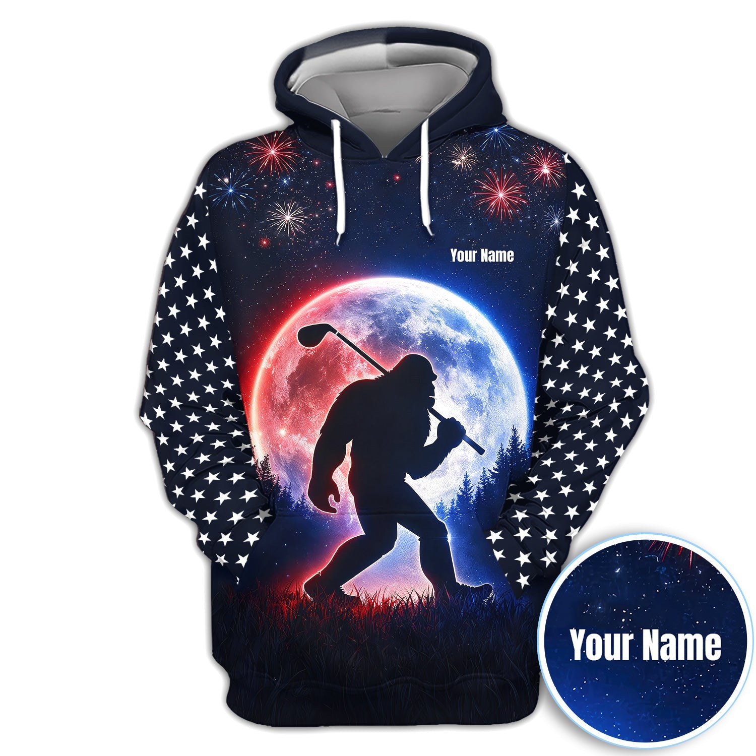 Bigfoot Golfer Patriotic Polo Shirt For Men, Custom Name USA Fireworks Moon Silhouette Sasquatch Golf Shirt
