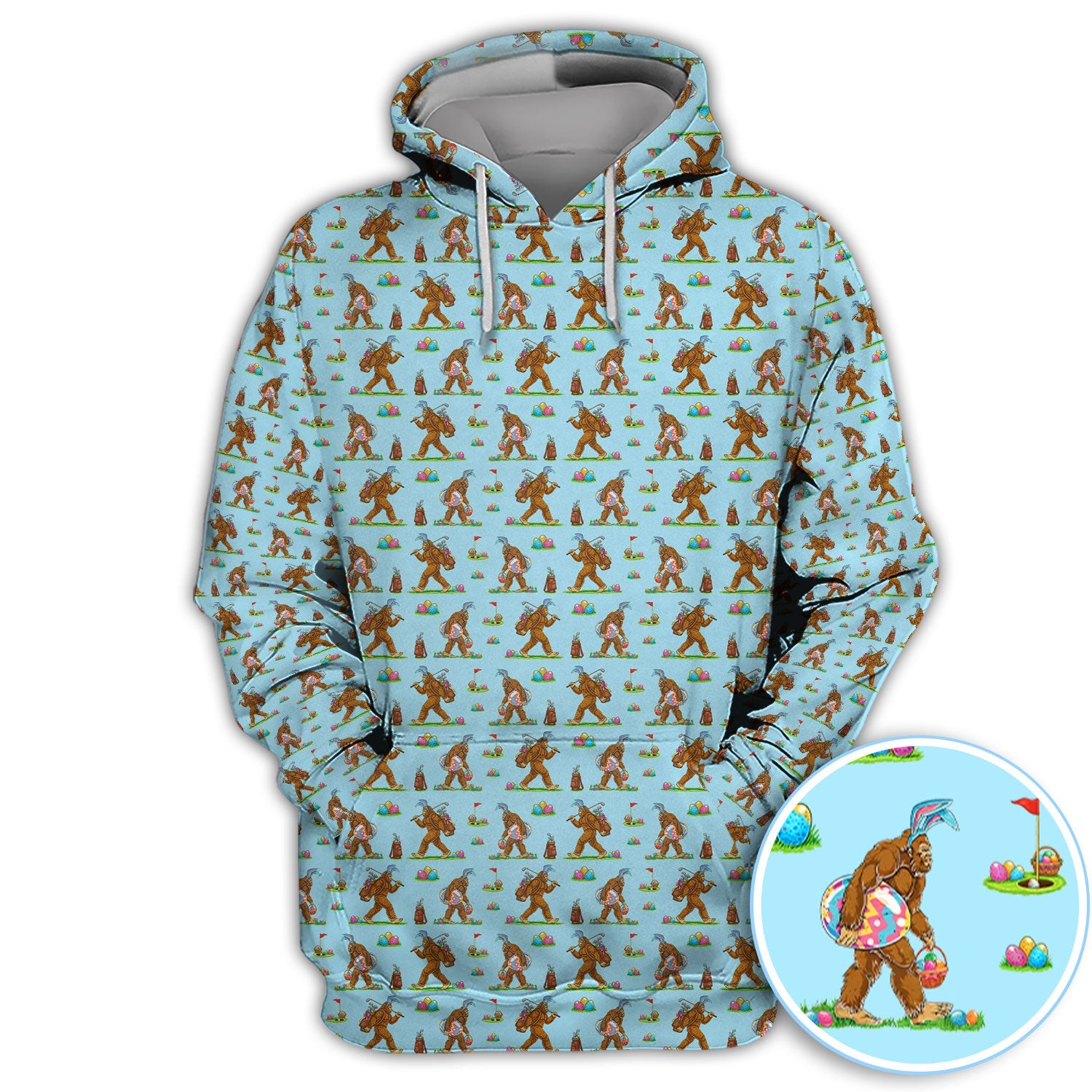 Bigfoot Easter Pattern Golf Polos, Bunny Sasquatch Golf Shirt For Men, Easter Day Shirt For Golfer