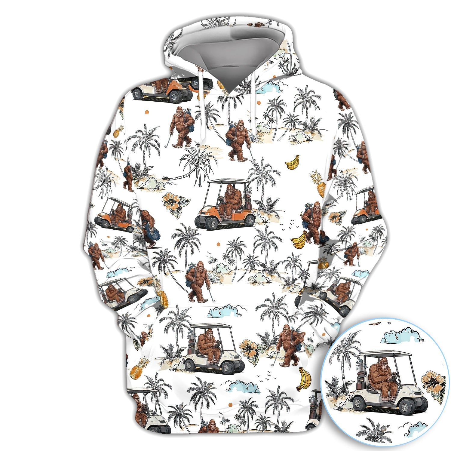 Funny Bigfoot Golf Cart Tropical Pattern Golf Shirt, Sasquatch Golfer Palm Golf Shirt For Men, Golfer Gift