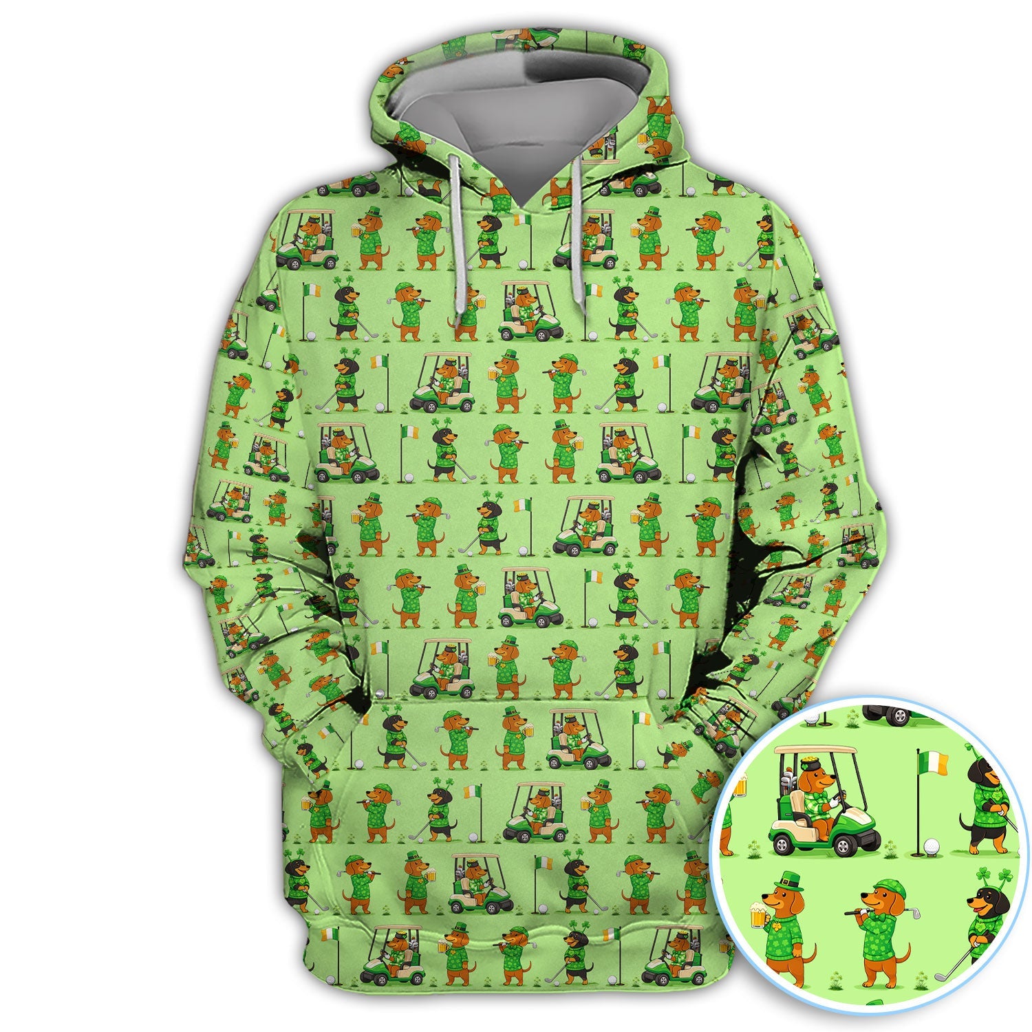 St. Patrick’s Day Dachshund Pattern Golf Polos, Funny Irish Wiener Dog Golf Shirt For Men, Golf Gift For Golfer
