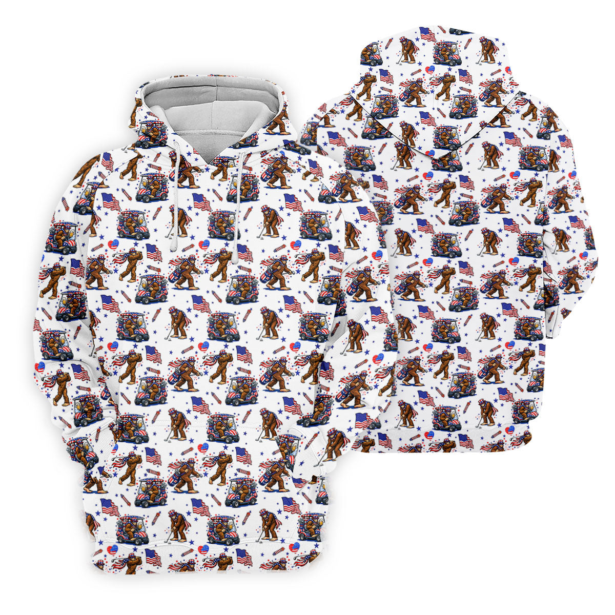 Funny Bigfoot 4th Of July With American Flag Pattern White Women Golf Top, 250th Anniversary Patriotic Golf Shirt