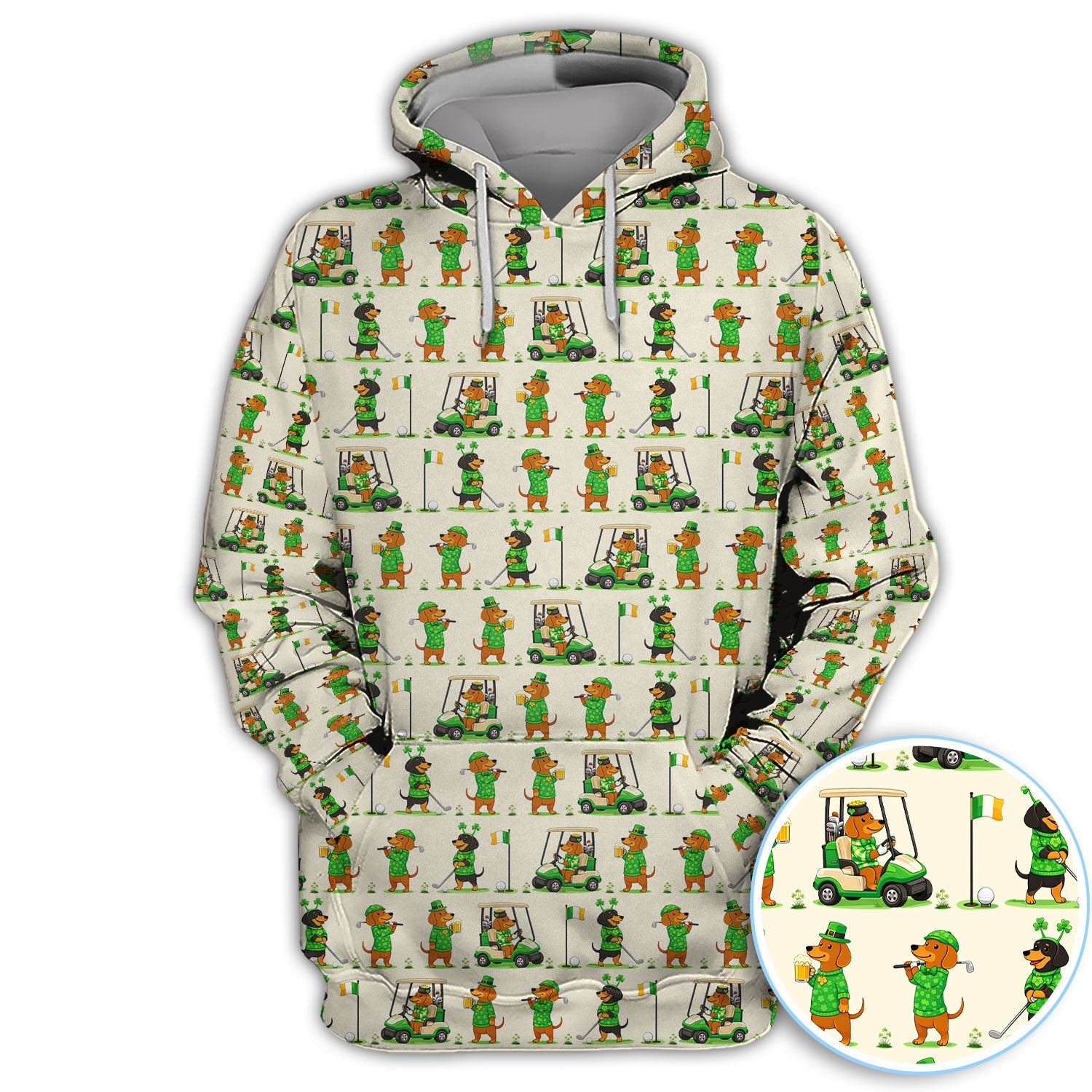 St. Patrick’s Day Dachshund Pattern Golf Polos, Funny Irish Wiener Dog Golf Shirt For Men, Golf Gift For Golfer