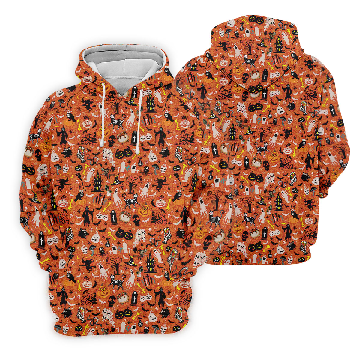 Halloween Skull Witch Cat Orange Golf Shirt, Funny Halloween Women's Golf Tops, Ladies Golf Shirts