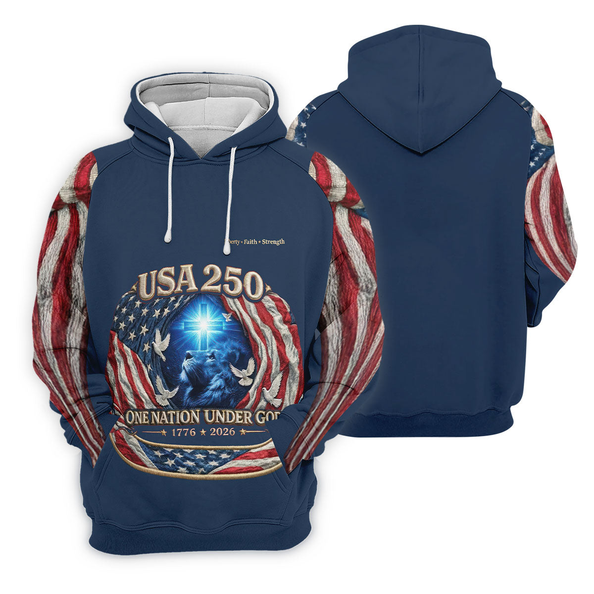 One Nation Under God Faith Cross USA 250 Navy Golf Shirt, 4th Of July Golf Shirts For Men